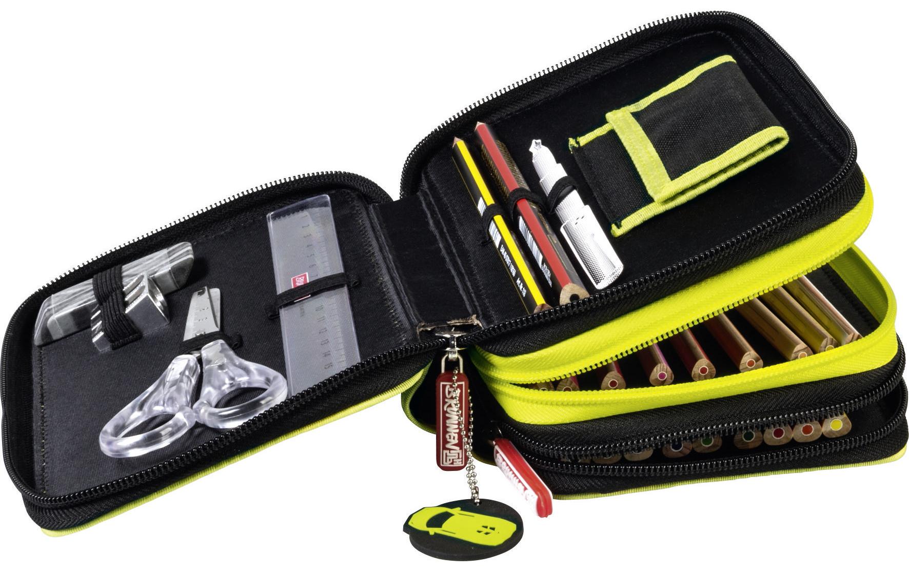Brunnen Speed Control Schüleretui 6-fach, gefüllt, 29-teilig – schwarz/limette – Kunststoff – 19,5 × 13,5 × 7 cm