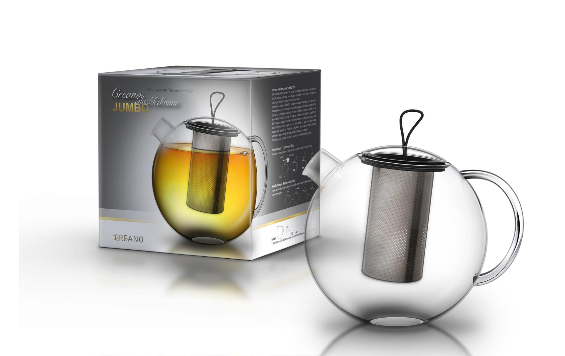 Creano Teekanne – 3-teiliges Set, 1,5 l, Borosilikatglas, transparent, mit Deckel, Edelstahlfilter