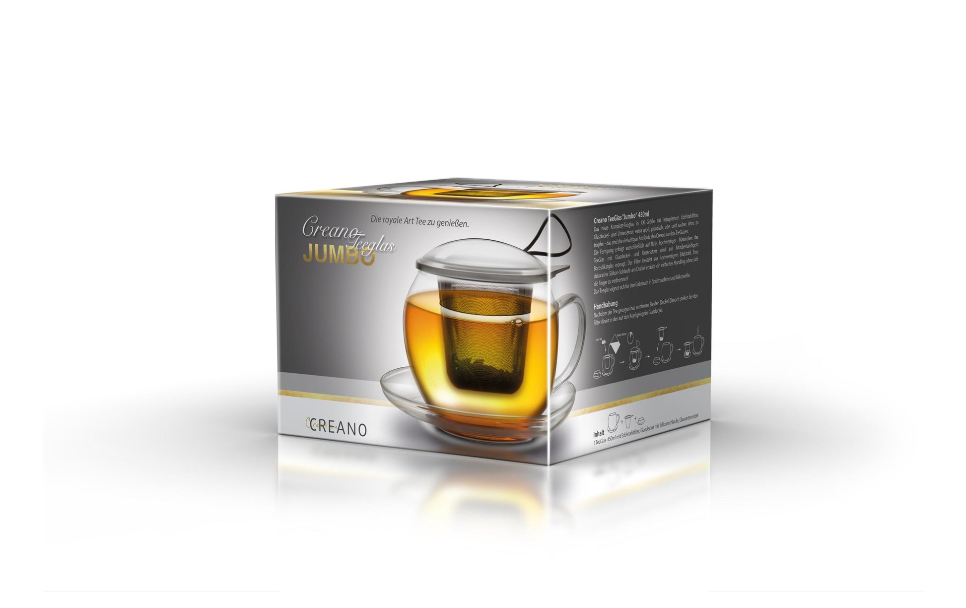 Creano Teeglas – 4er Set, 445 ml, Glas/Edelstahl, mit Glasdeckel, spülmaschinenfest