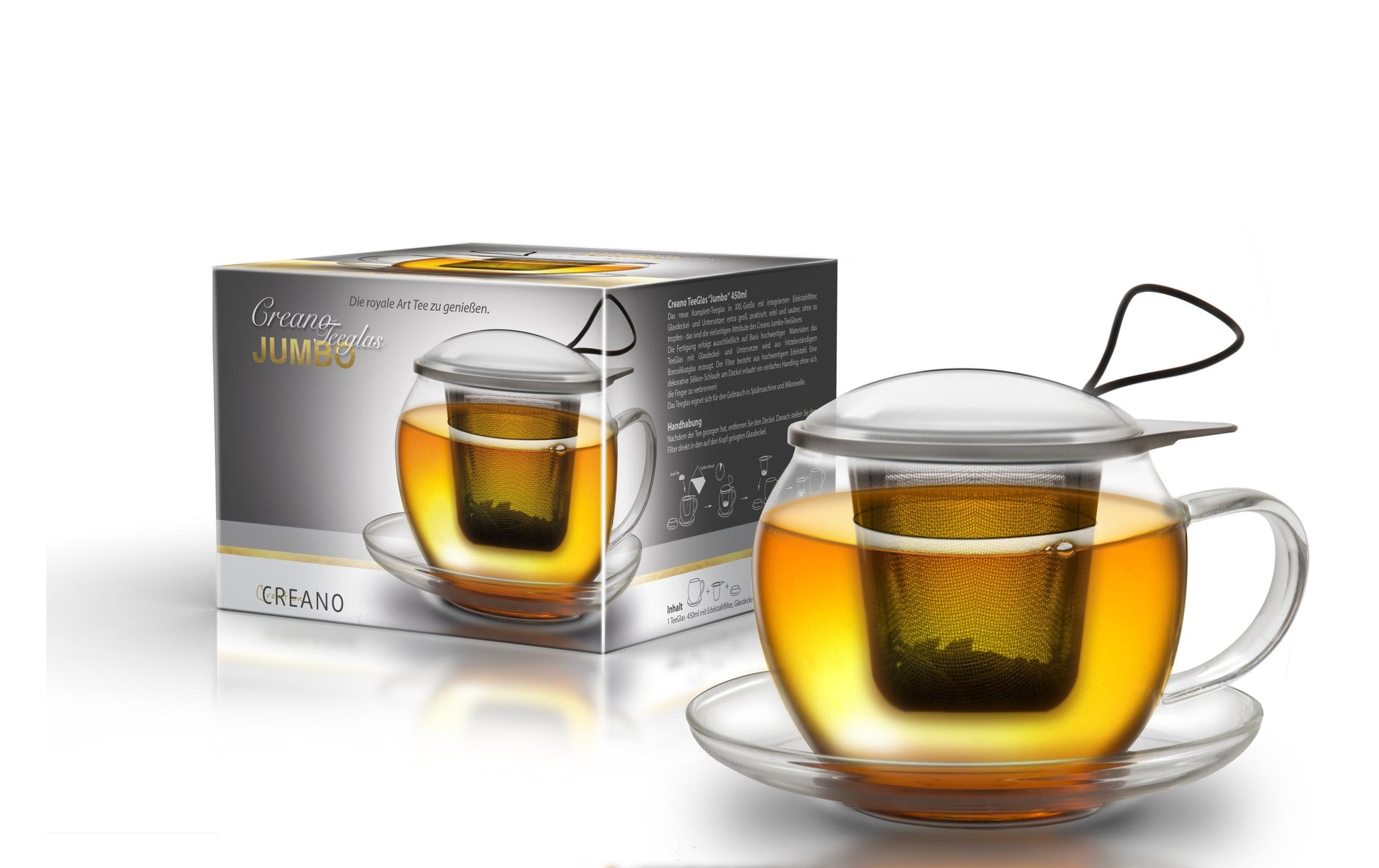 Creano Teeglas – 4er Set, 445 ml, Glas/Edelstahl, mit Glasdeckel, spülmaschinenfest