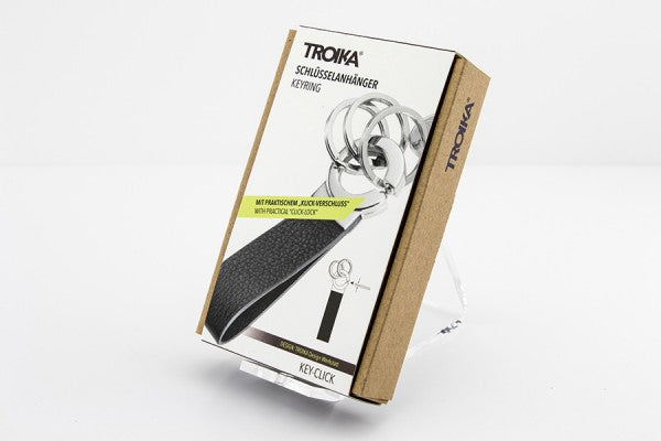 TROIKA Key Click Schlüsselanhänger – Leder, Schwarz/Silber, Ø 30 mm