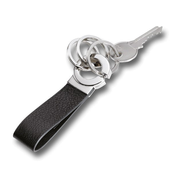 TROIKA Key Click Schlüsselanhänger – Leder, Schwarz/Silber, Ø 30 mm