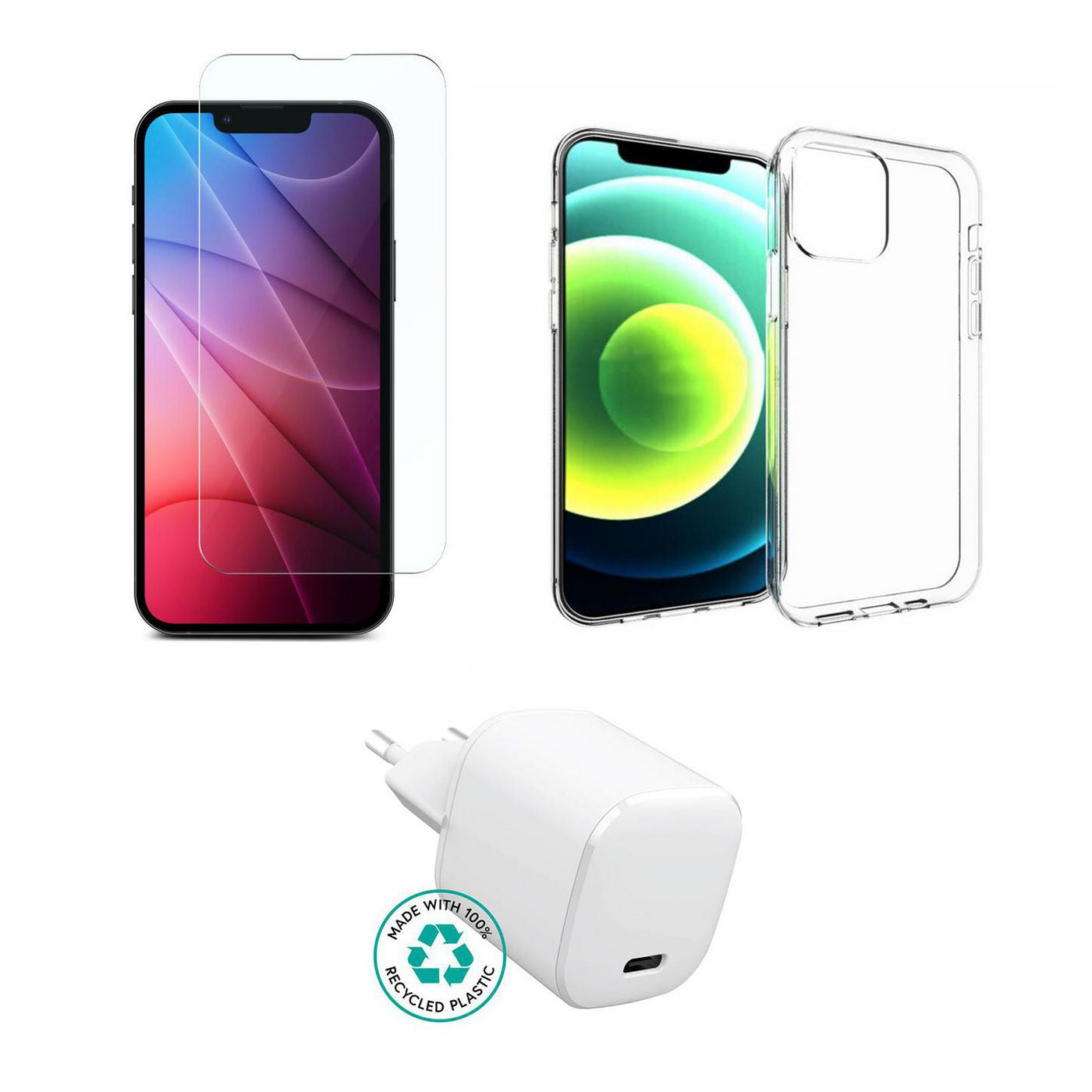 eSTUFF 3-in-1 Starter-Set (Ladegerät, Hülle, Displayschutzglas) – für iPhone 13 Pro – Transparent, Weiss