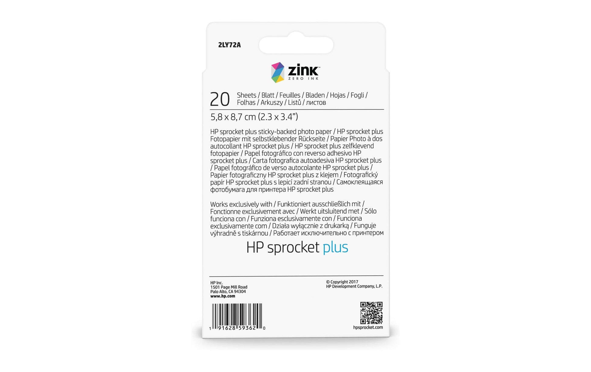 HP ZINK Sticky Plus Fotopapier – glänzend, 5,8 × 8,7 cm, 20 Blatt, selbstklebend, für HP Sprocket Plus
