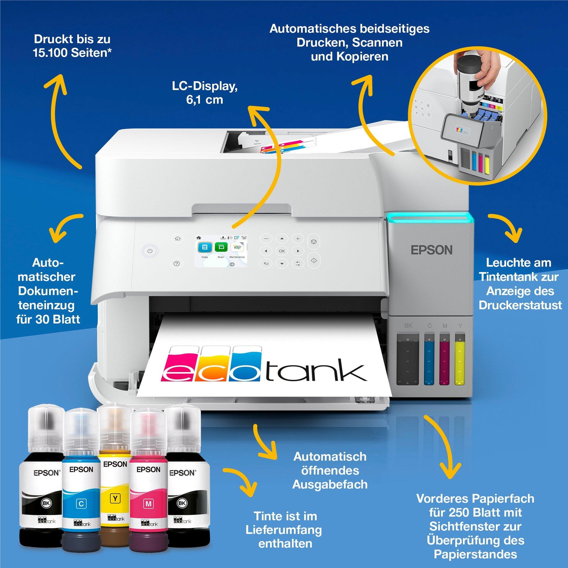 Epson EcoTank ET-3956 – Farbtintenstrahl-Multifunktionsdrucker, A4, 3-in-1, Duplex, ADF, WLAN/LAN, AirPrint