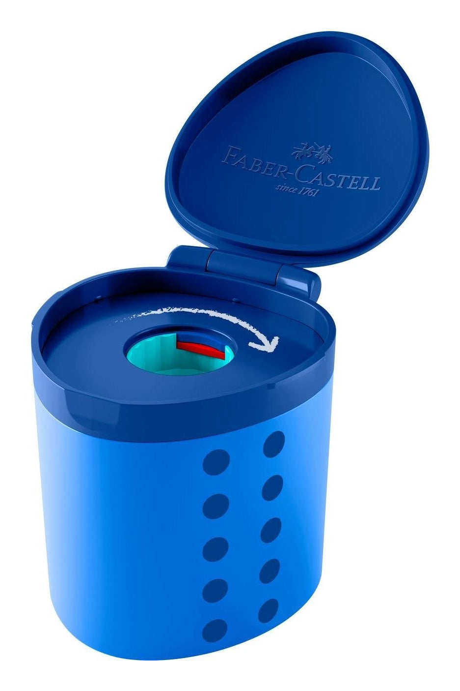 Faber-Castell Spitzer – manuell, 1-Loch, mit Behälter, für Buntstifte Ø 18 mm, Kunststoff, blau, Grippy