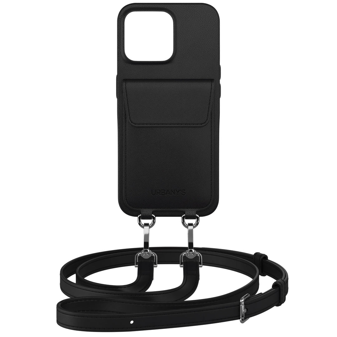 Urbany's Necklace-Hülle – für Apple iPhone 17 – Night Owl, schwarz – Kunstleder – mit Kartenfach