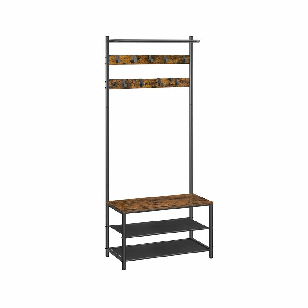 Vasagle Garderobe mit Schuhregal – 9 Haken, Stahl/Spanplatte, Schwarz/Braun, 64 × 32,2 × 180 cm