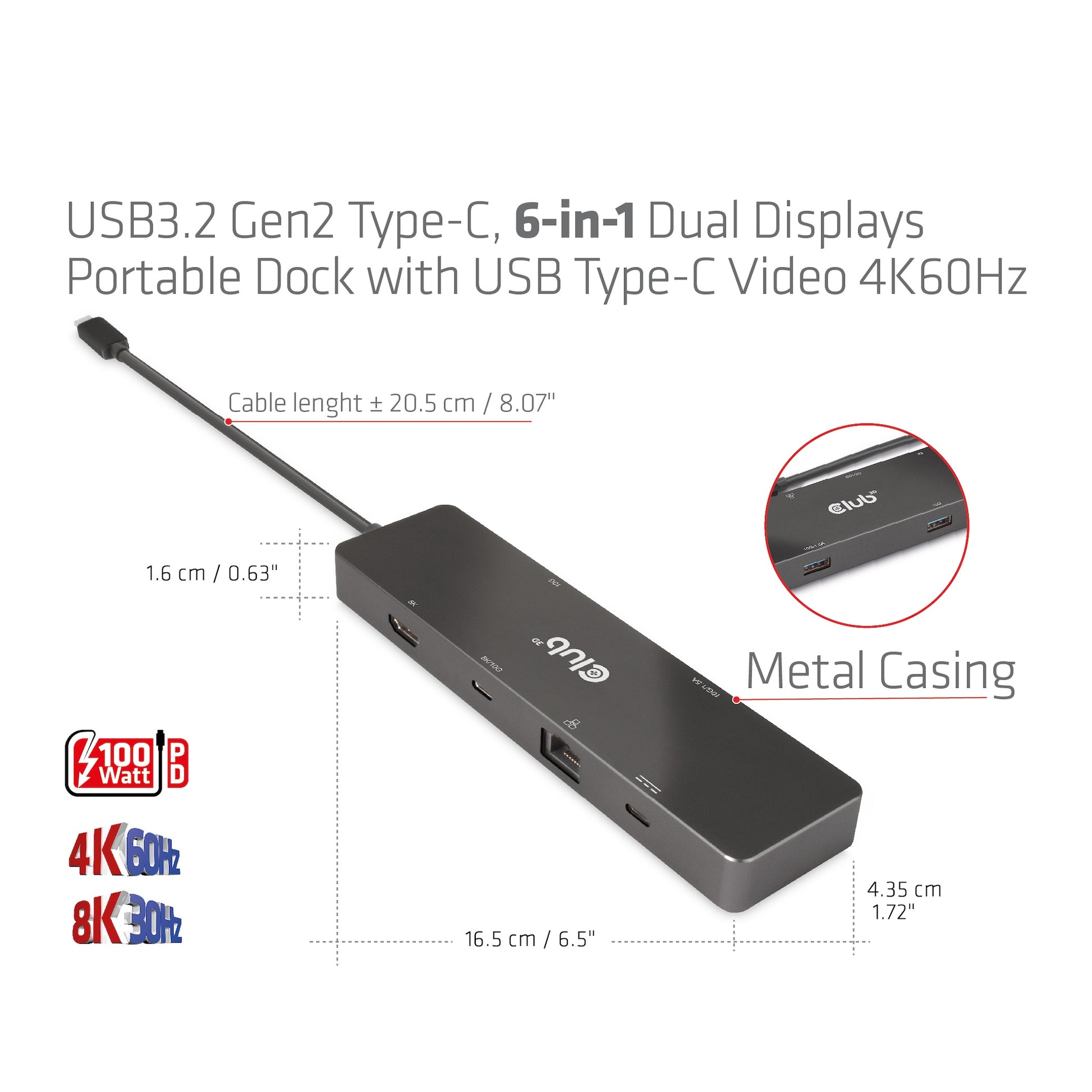 CLUB3D Club 3D Dockingstation – USB-C, 1× DP, 1× HDMI, 2× USB-A, 100 W PD, GbE, für Universal