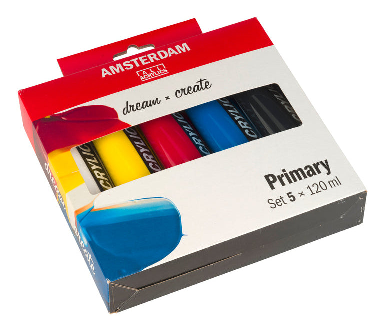 Talens Amsterdam Acrylfarbe – Schwarz/Cyan/Magenta/Weiss/Gelb – 5 Farben 5×120 ml (600 ml)