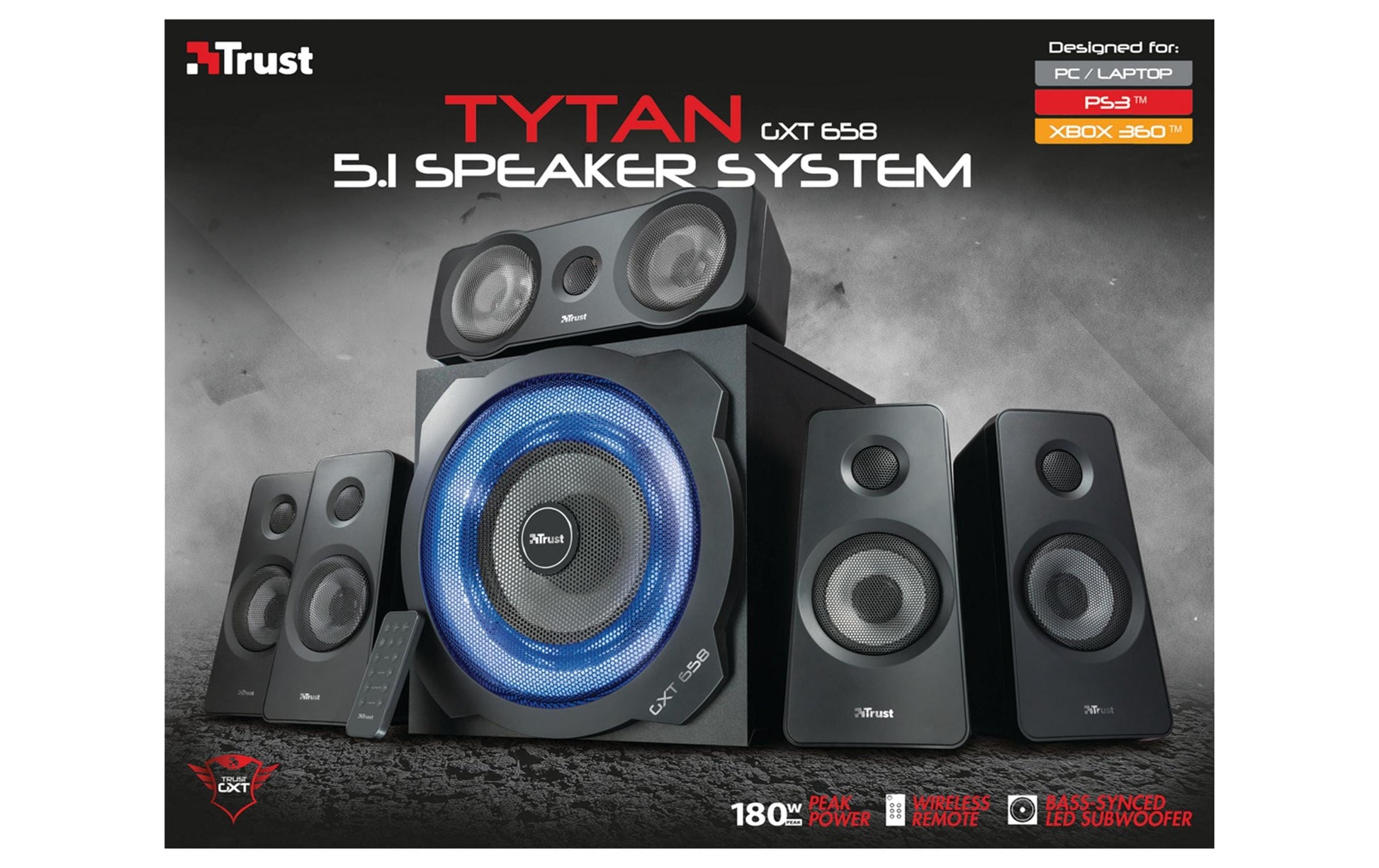 Trust GXT 658 Tytan – PC-Lautsprecher-Set – 5.1, 90 W, mit aktivem Subwoofer, 3,5 mm Klinke, Blau, Schwarz
