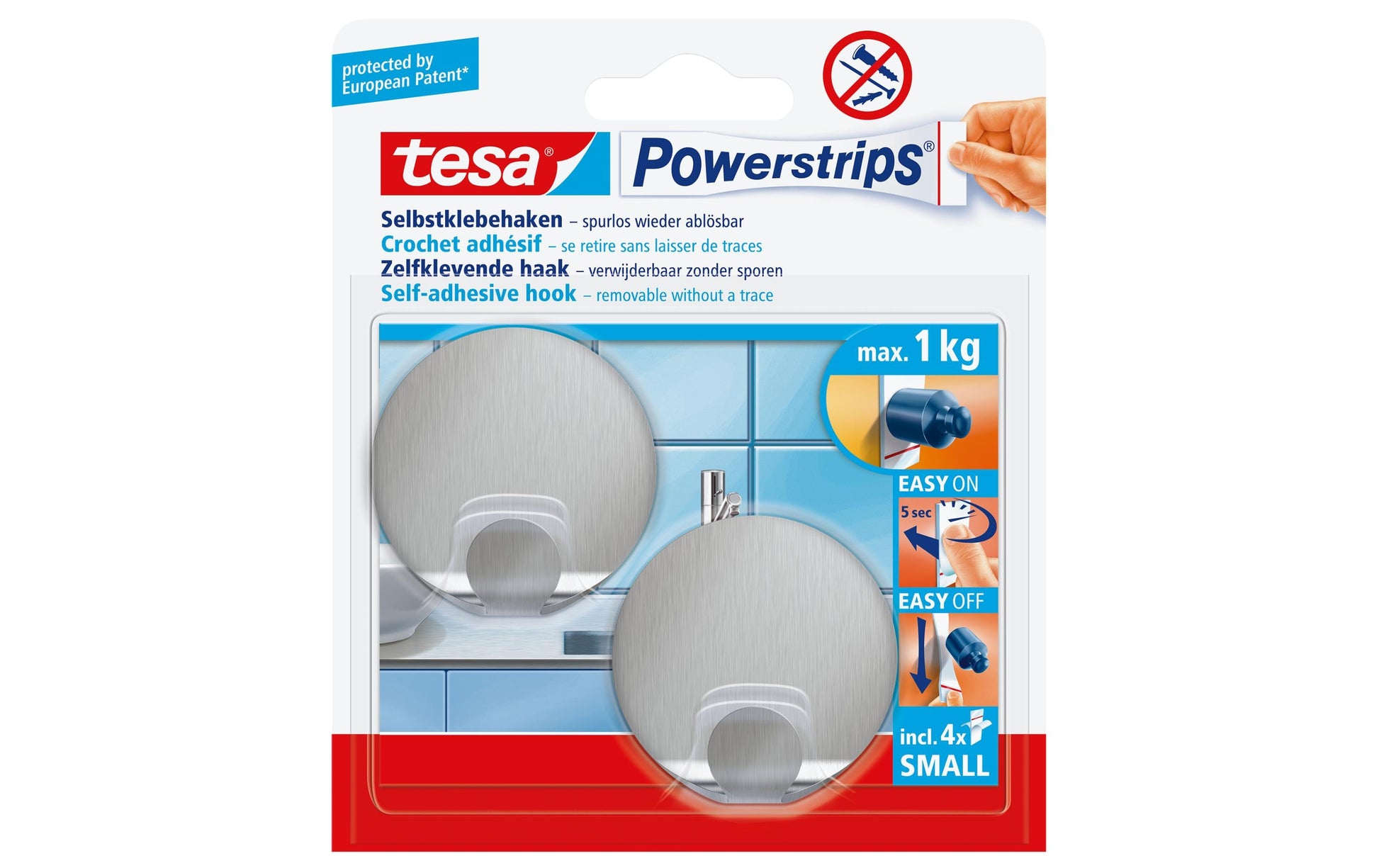 TESA Klebehaken – Edelstahl, 1 kg, Klebestreifen, Silber, 2er-Set