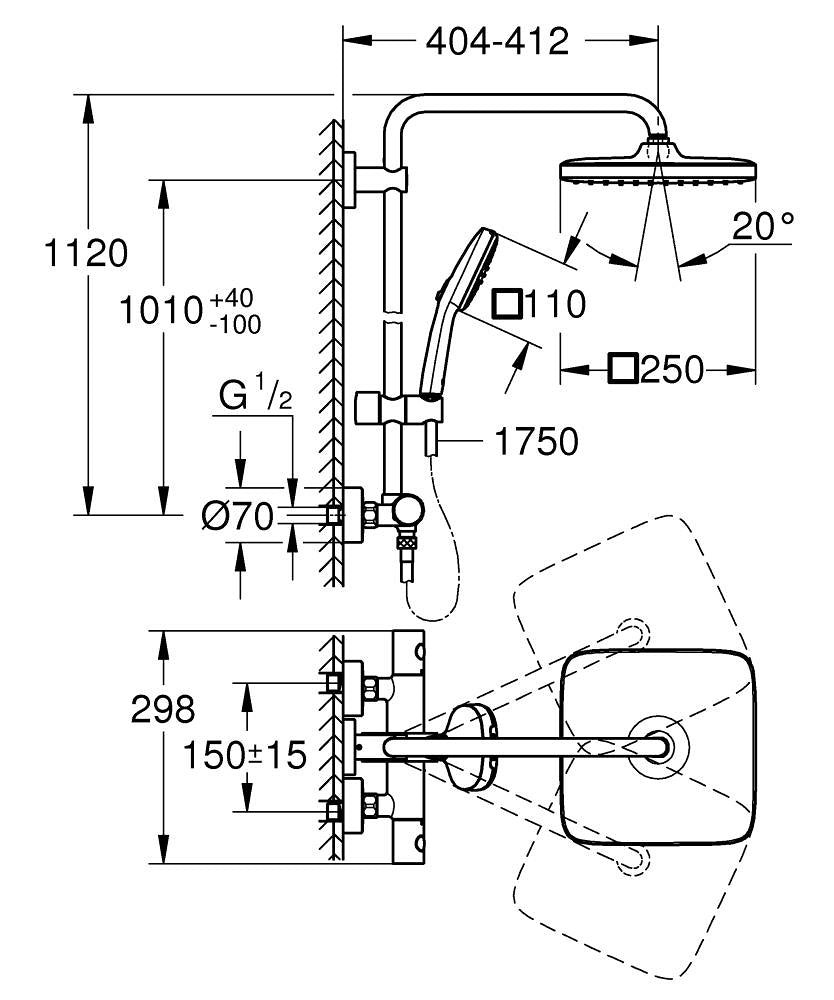 GROHE Duschsystem Vitalio Comfort 250 – 29,8×41,2×112 cm, Kunststoff, Aufputz-Thermostat, Schwarz