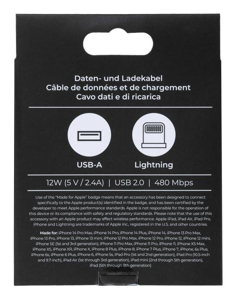 ONIT USB-A auf Lightning Kabel – USB 2.0 (480 Mbit/s) – 0,5 m – PD 12 W – MFI zertifiziert, Nylon – Weiss