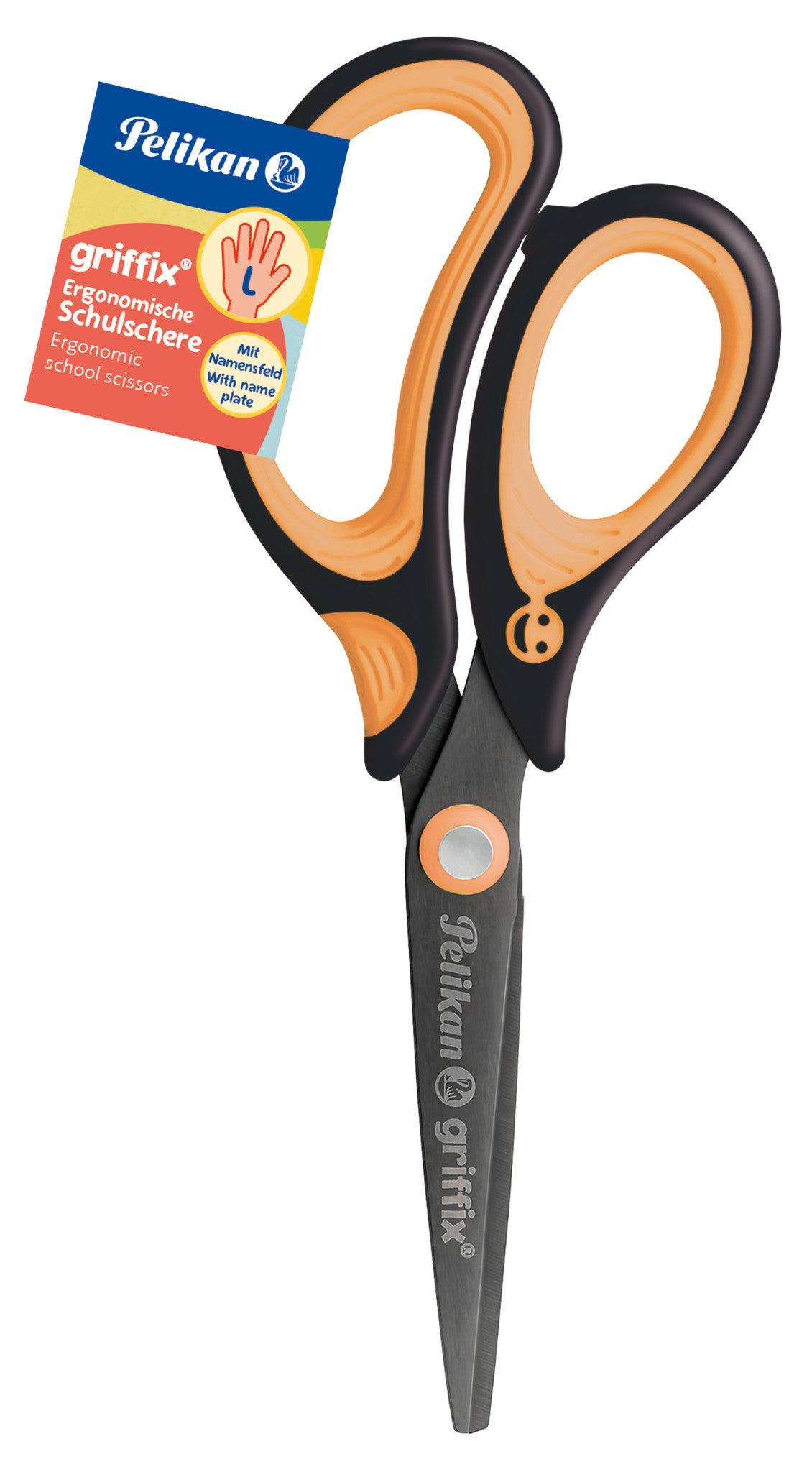 Pelikan Griffix Kinderschere – Stahl, titannitrid-beschichtet, ergonomischer Griff, Schwarz/Orange