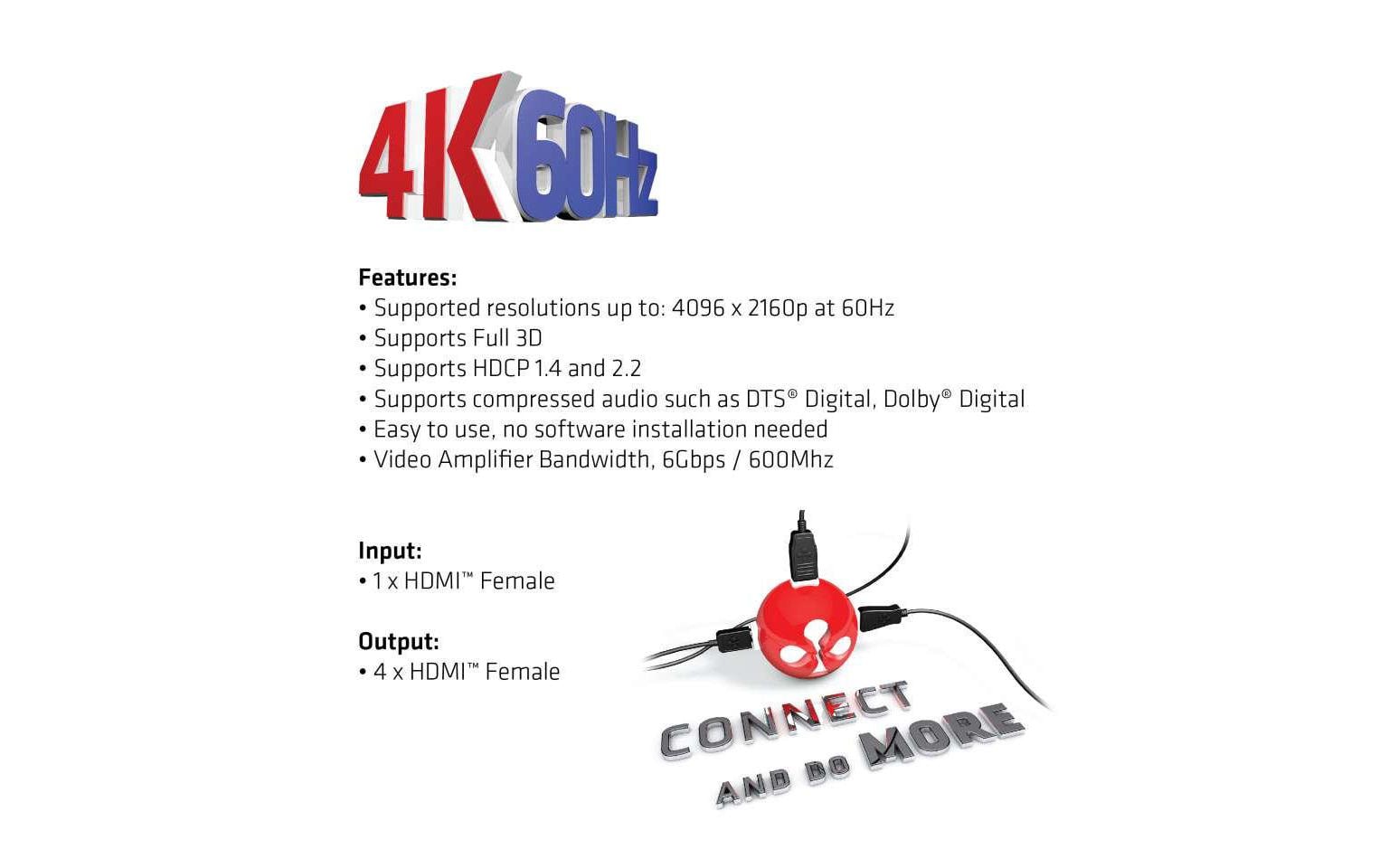 CLUB3D Club 3D – HDMI-Splitter – 4K UHD, HDMI 2.0, 4 Anschlüsse – Schwarz, Metall