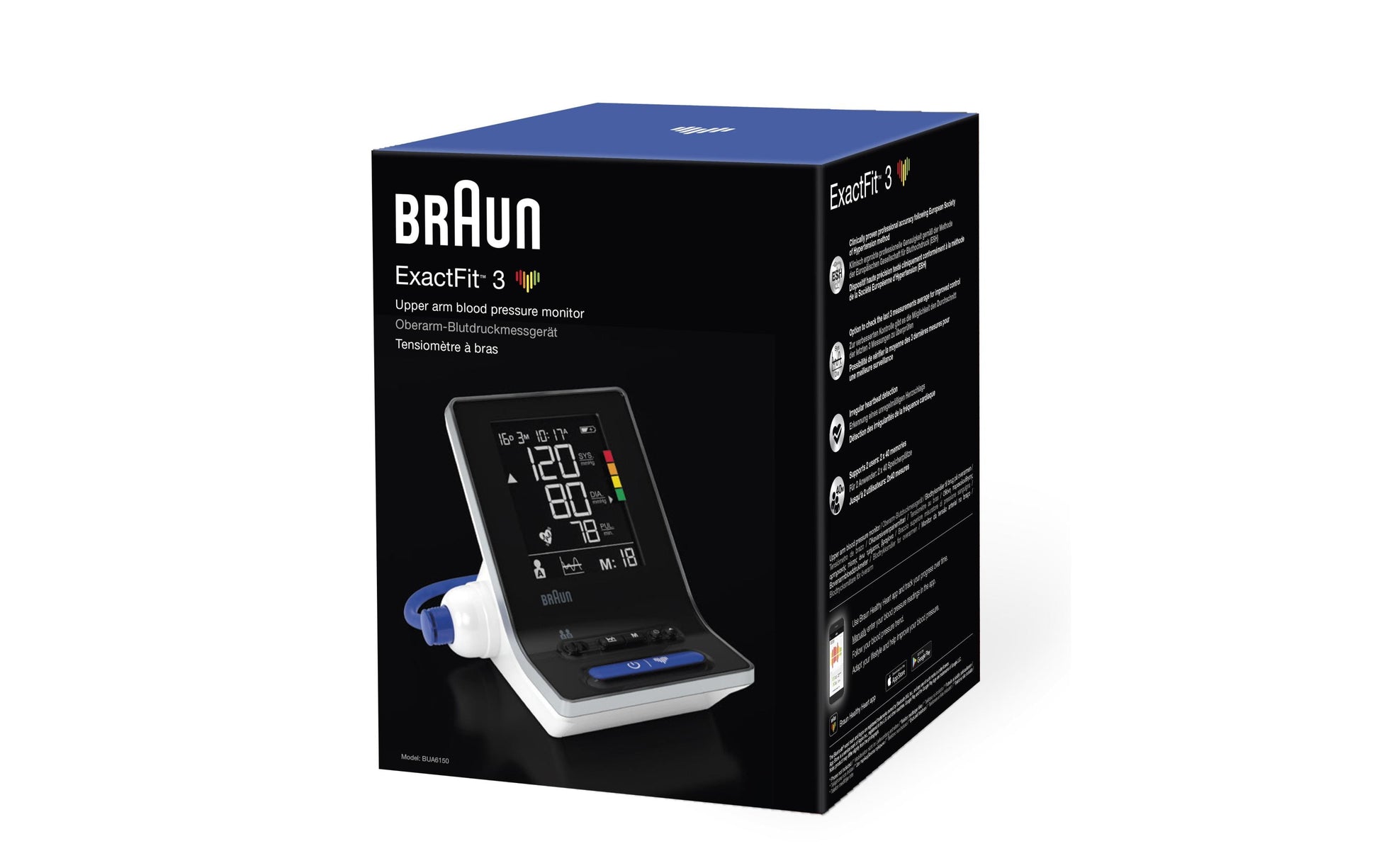 Braun Oberarm-Blutdruck-/Pulsmessgerät ExactFit 3 – Manschette 22–42 cm – Batteriebetrieb, 4×AA