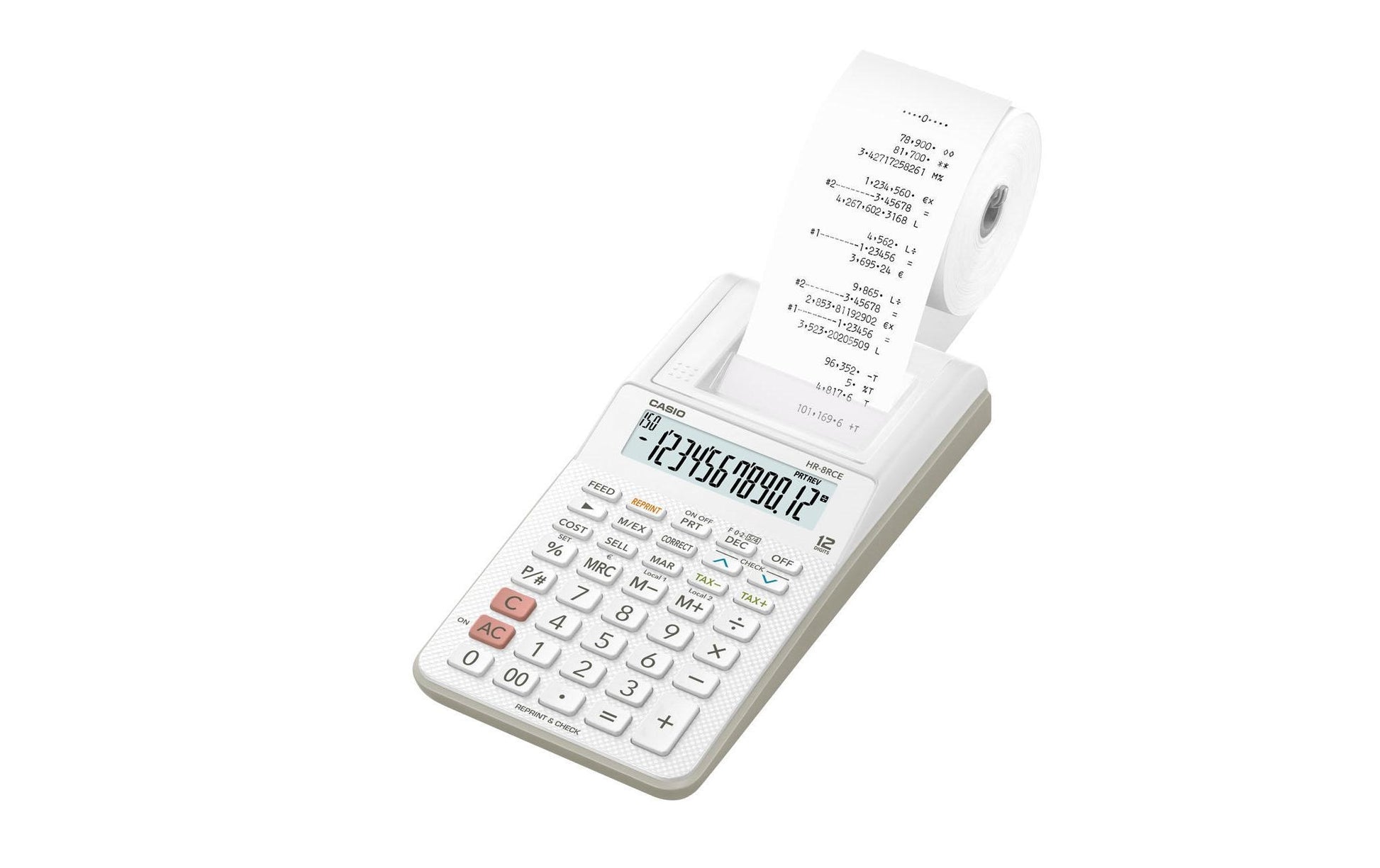 Casio Druckender Tischrechner HR-8RCE – 12-stellig – Batteriebetrieb – Weiss