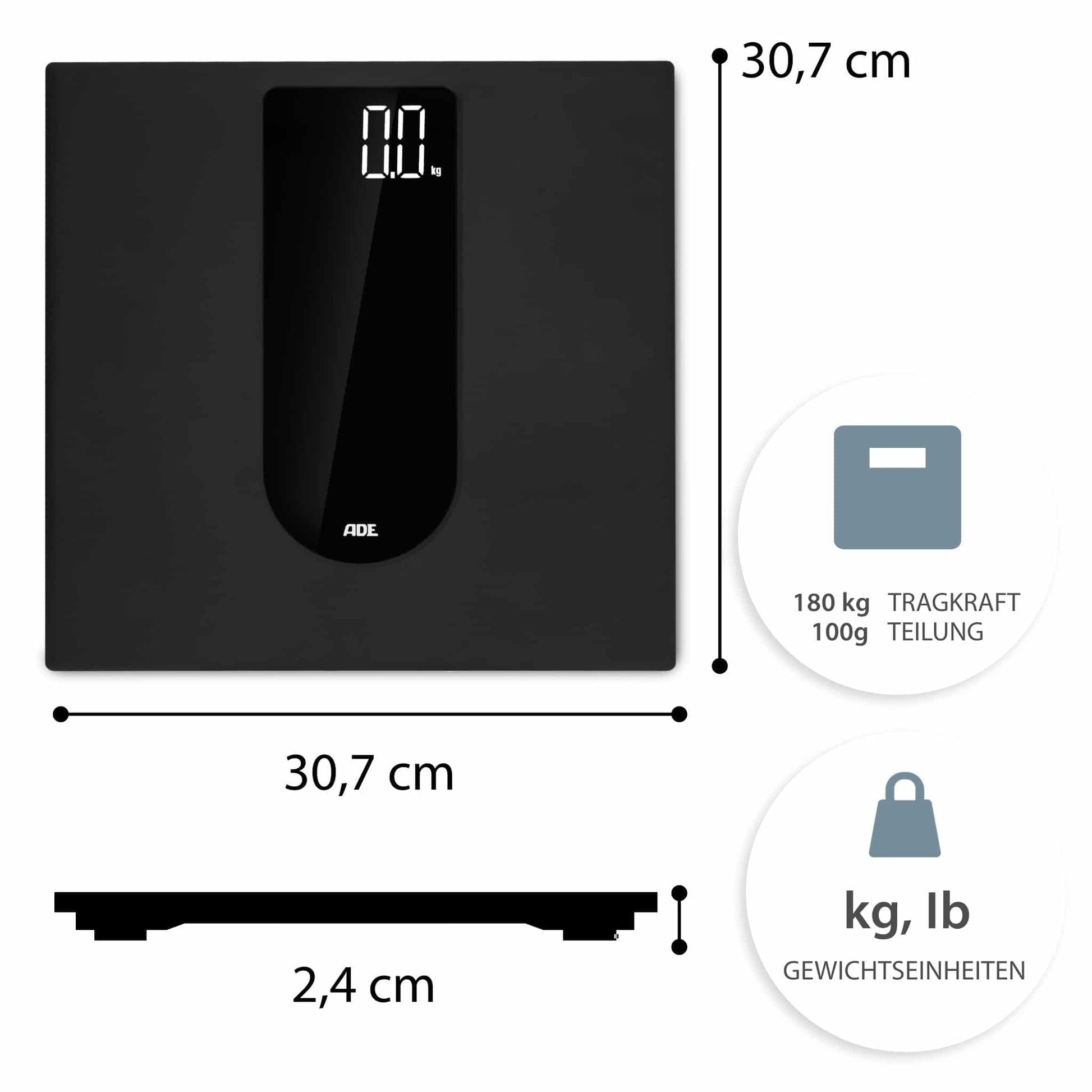 ADE Personenwaage Allegra – 31×31×2,6 cm, Glas, 250 kg, Schwarz