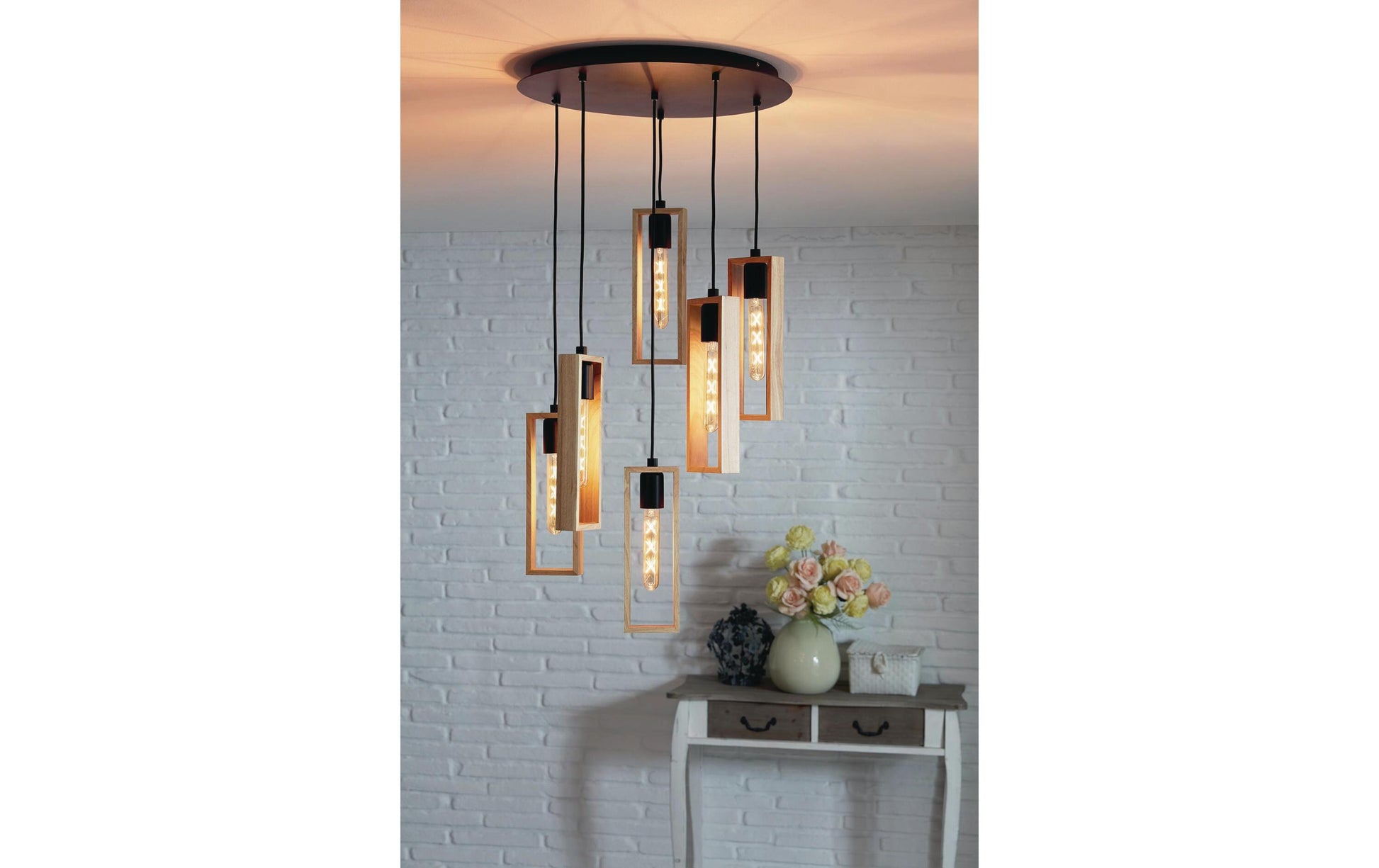 EGLO Hängeleuchte Littleton – Ø 50 × 150 cm, 360 W, dimmbar, schwarz/holz, E27, exkl. Leuchtmittel