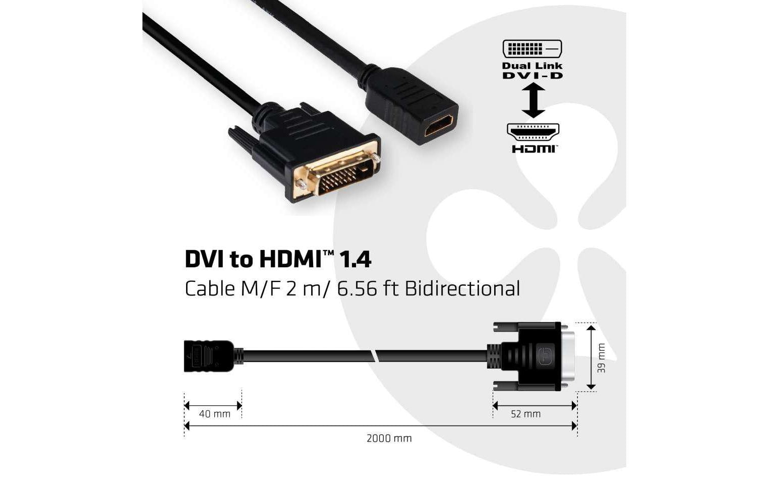 CLUB3D Club 3D – DVI-D auf HDMI Adapter, HDMI 1.4, 3840×2160, 2 m, bidirektional