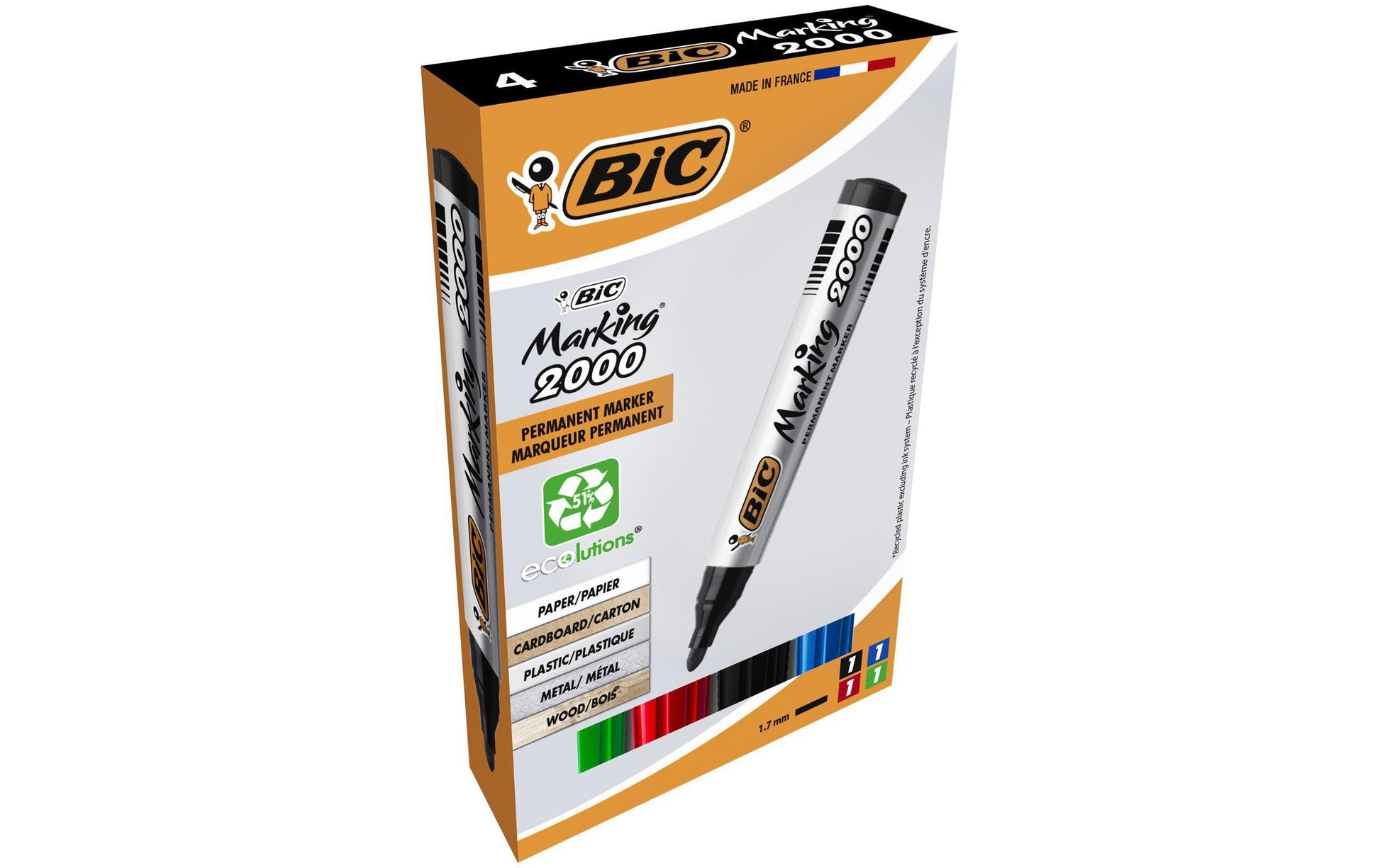 BIC Ecolutions Permanentmarker – Rundspitze 1,7 mm – Mehrfarbig – 4er-Pack
