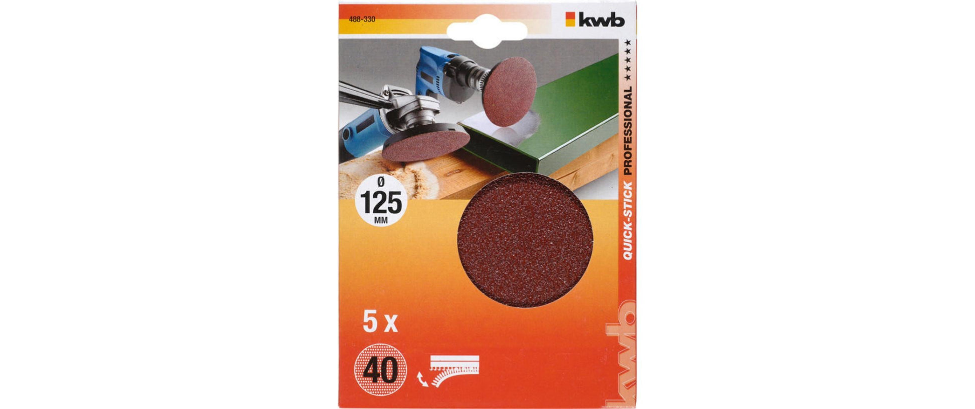 kwb Schleifscheibe 125 mm Kunststoff – für Metall, Holz, Kunststoff, Stein – 5 Stk – Klett, ungelocht, P40