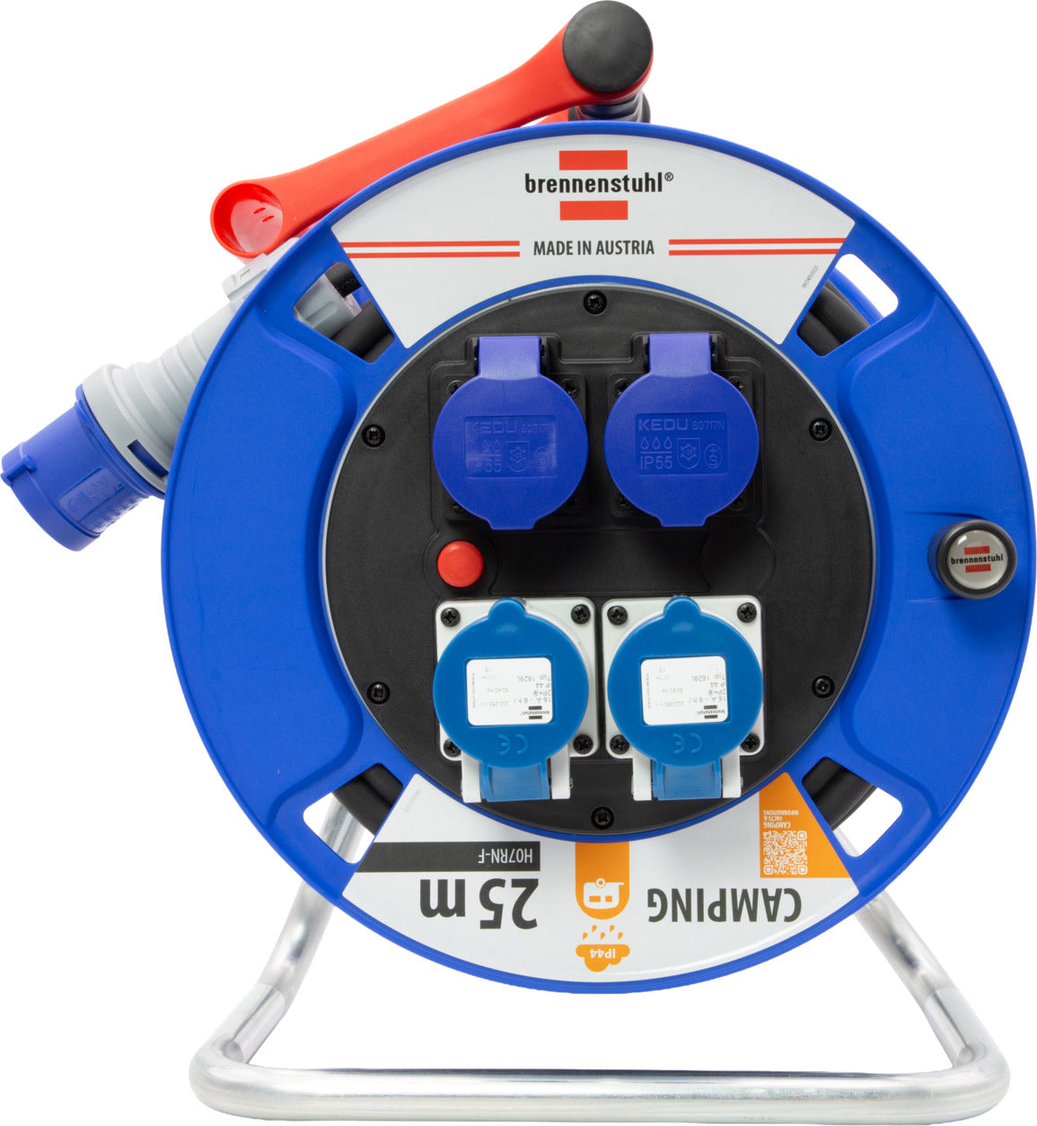 Brennenstuhl Kabelrolle, 25 m, 4×T23, IP55, 2,5 mm², Überhitzungsschutz, mit Schalter, Eingang CEE – Blau
