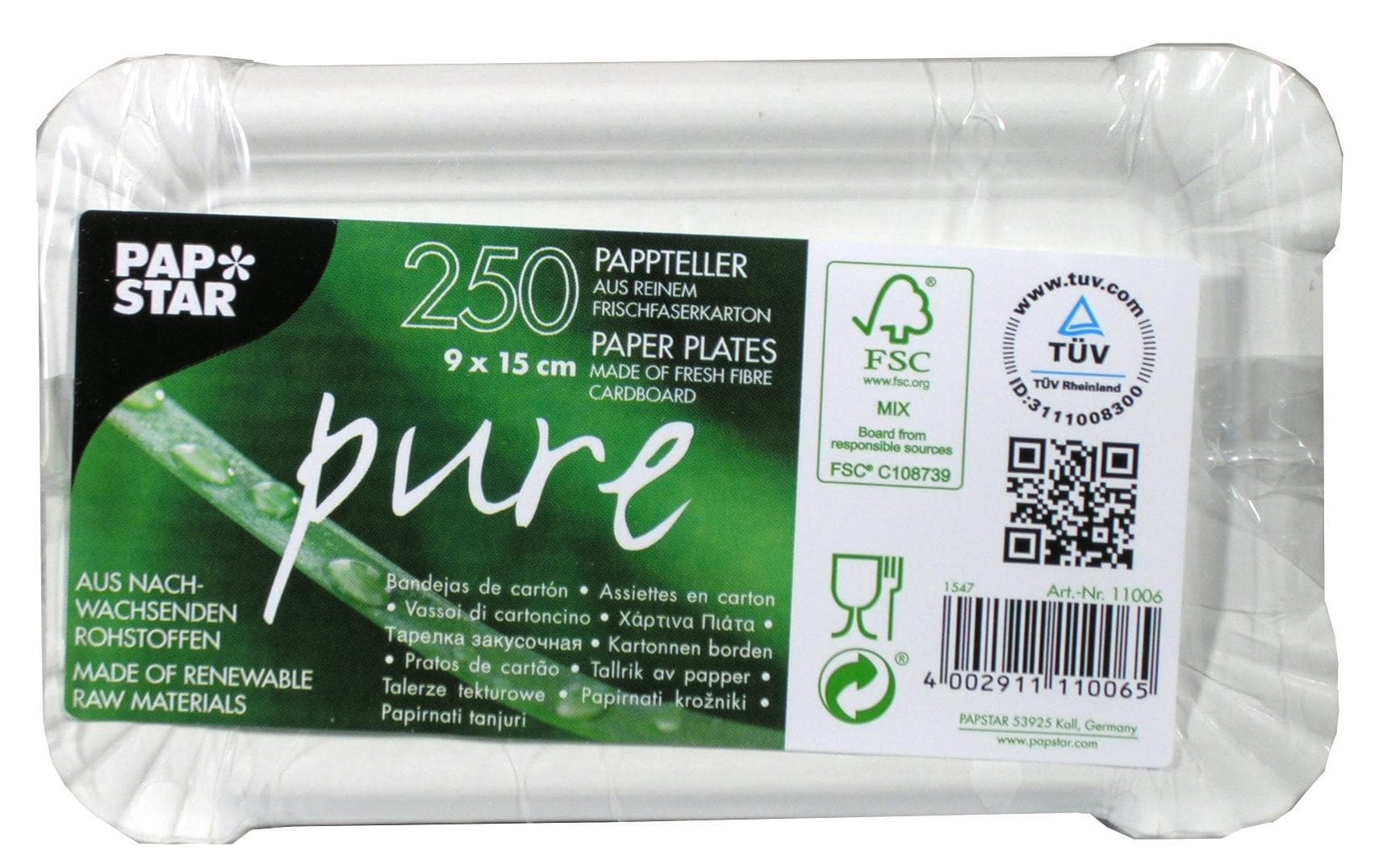 Papstar Teller pure, Papier, rechteckig – 9 × 15 cm – FSC – 250 Stk.