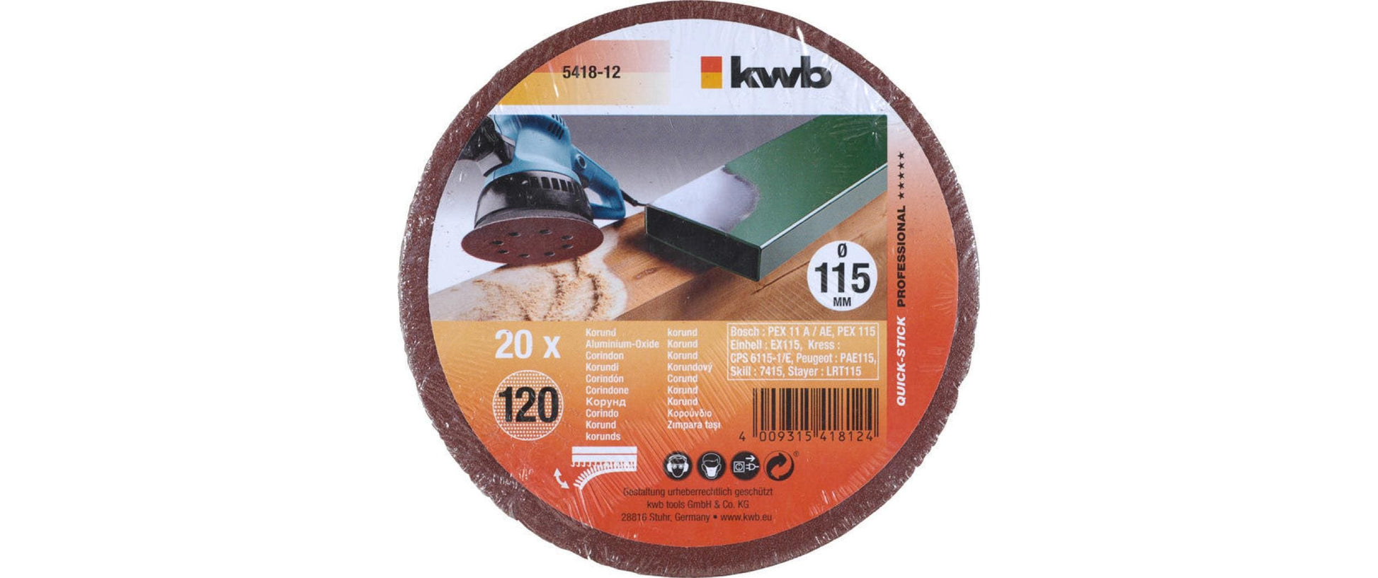 kwb Schleifscheibe, Klett Profi-Pack, K120, für Exzenterschleifer, 115 mm, 20 Stk.