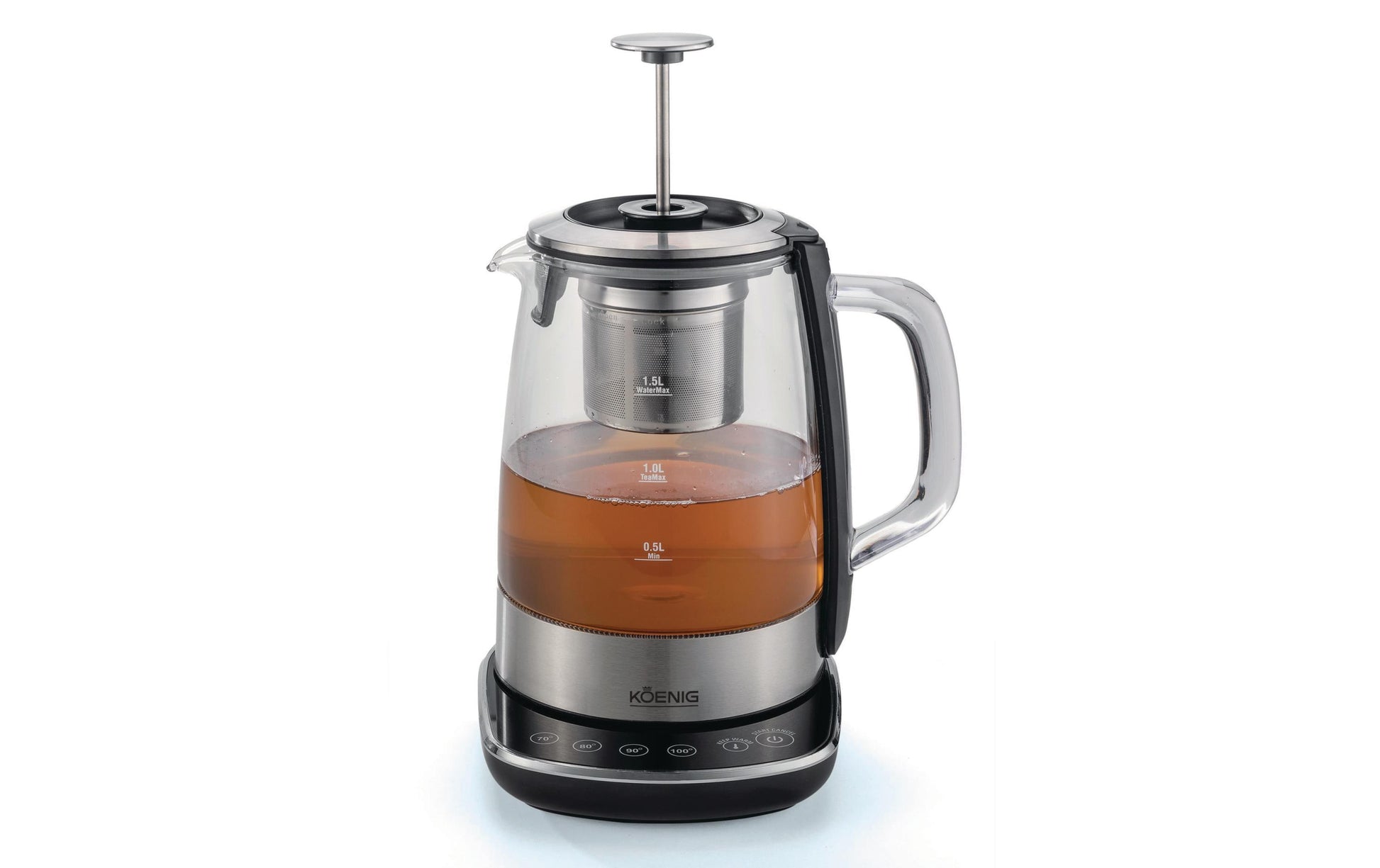 KOENIG B02118 – Tee- & Wasserkocher, 1,5 l, 4 Temperaturstufen, 2200 W, Glas/Edelstahl, Silber