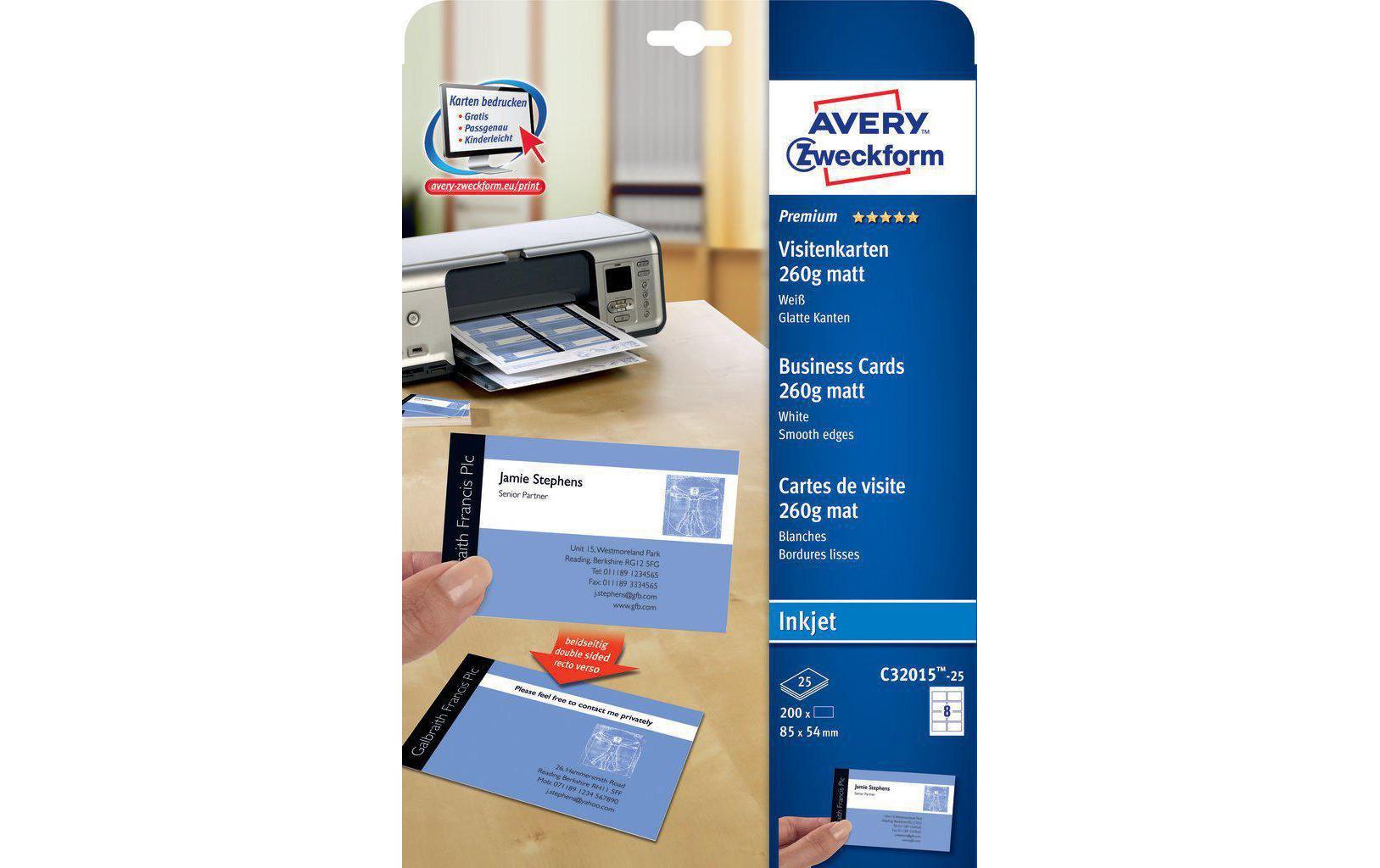 Avery Visitenkarten, 85 × 54 mm – A4, 8 pro Blatt – 200 Karten – FSC-zertifiziert, beidseitig bedruckbar