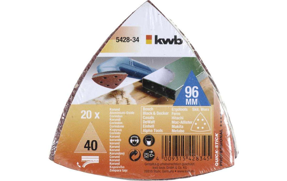 kwb Profi-Pack Delta-Schleifpad 96 mm Körnung 40 – 20 Stk – für Holz, Metall, Mauerwerk & Beton u. a.