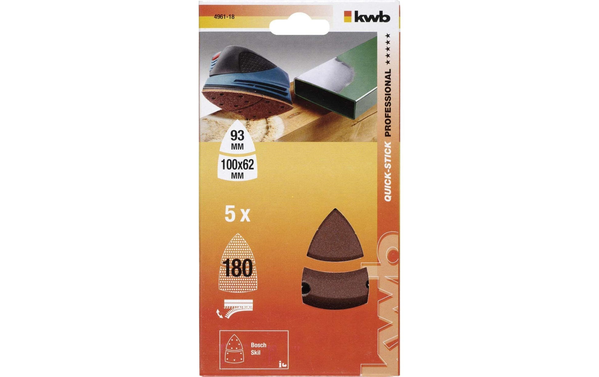 kwb Schleifpapier 100 × 62 mm P180 – für Lackoberflächen – 5 Stk