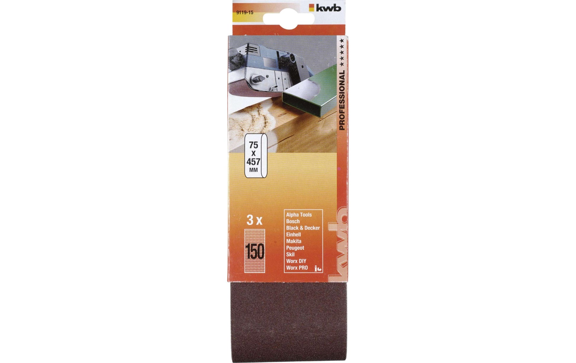 kwb Schleifband 75 × 457 mm – P150 – für Holz & Metall – 3 Stk