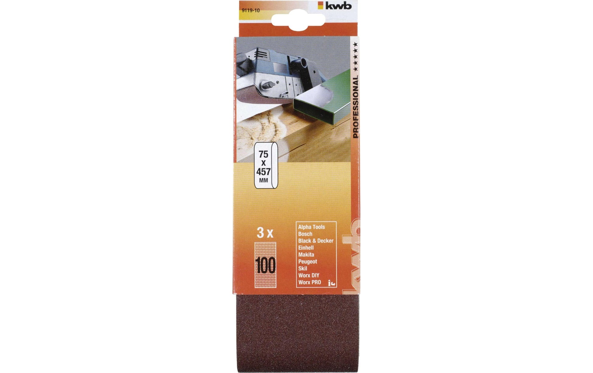 kwb Schleifband 75 × 457 mm P100 – für Holz, Metall – 3 Stk