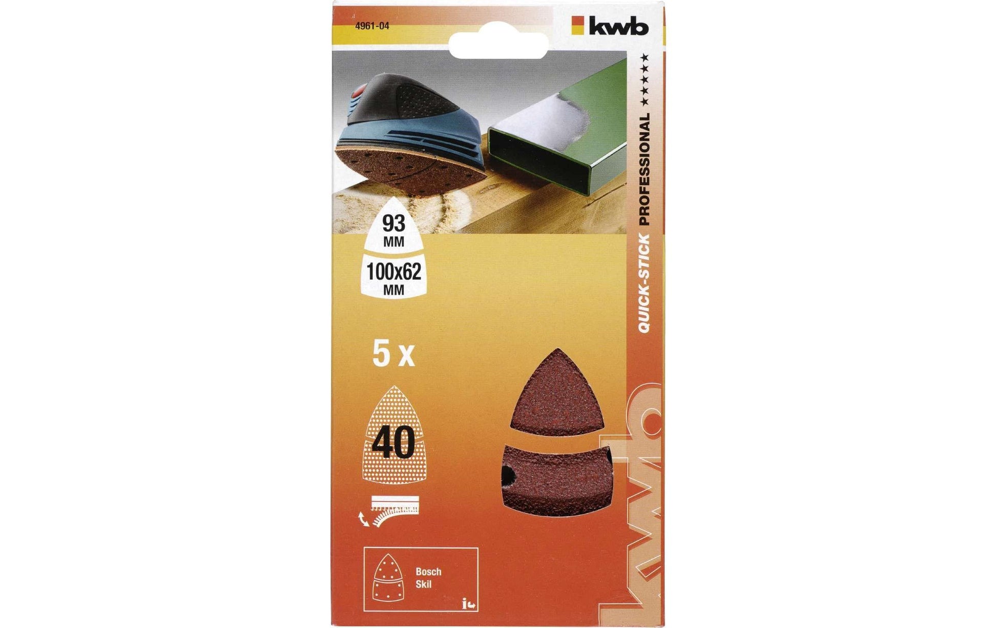 kwb Klett-Haftscheiben 100 × 62 mm K40 – für Füllmaterial, Metall, Farbe, Holz – 5 Stk – für Delta-Schleifer