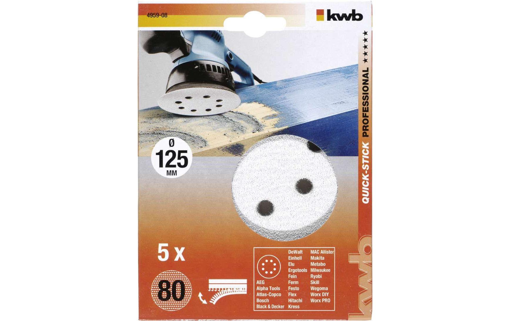 kwb Schleifscheibe 125 mm P80 – 5 Stk – für Exzenterschleifer, Holz, Metall, Kunststoff