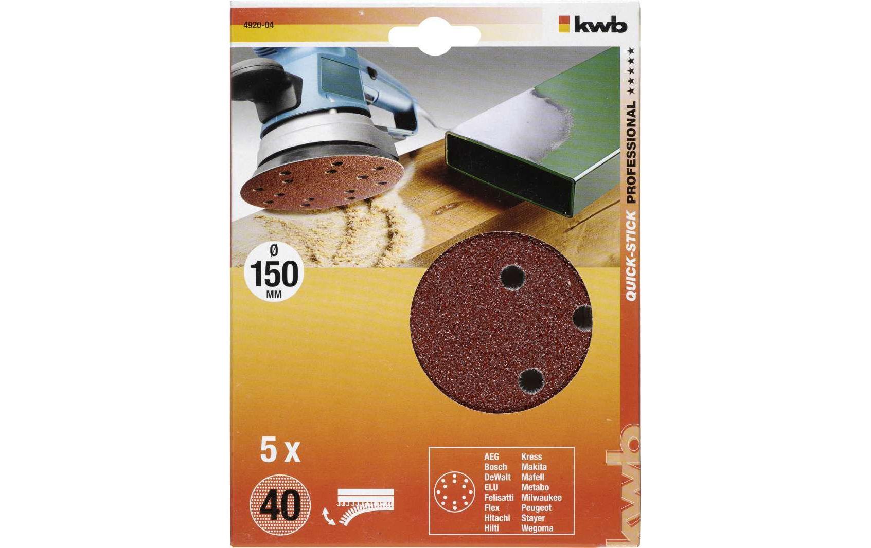 kwb Schleifscheiben 150 mm P40 – Klett, gelocht – 5 Stk – für Metall & Holz – für Exzenterschleifer