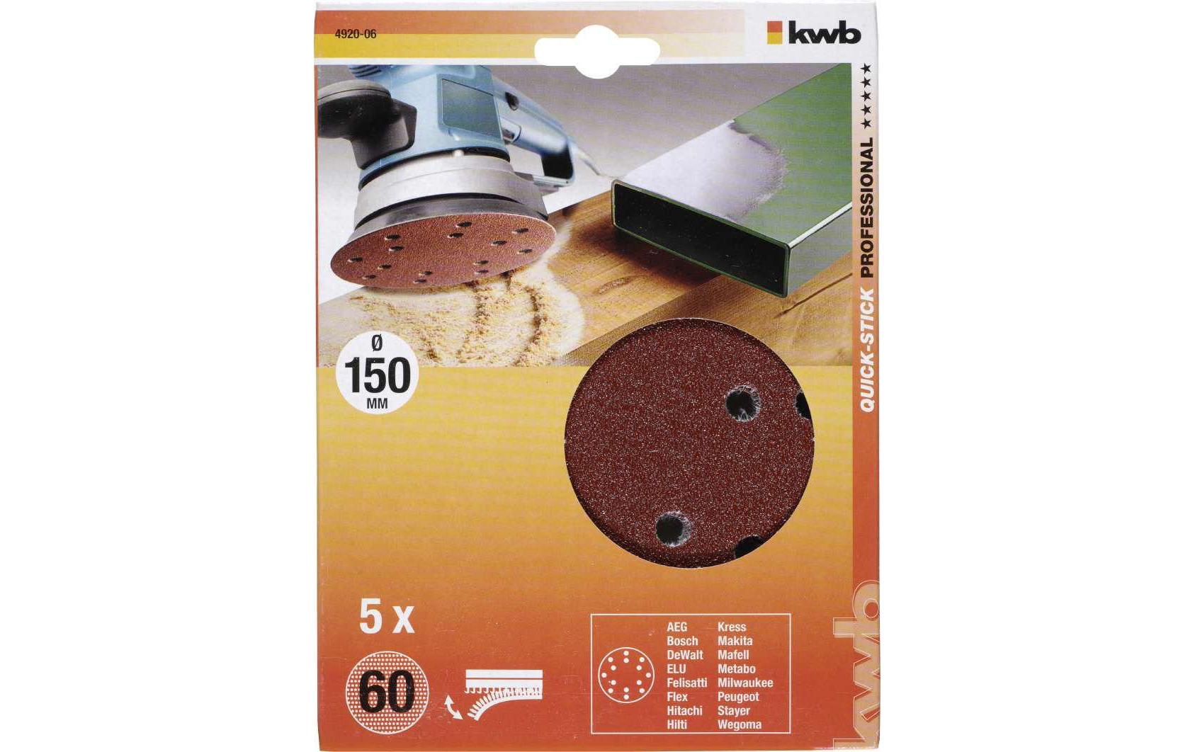 kwb Klett-Haftscheiben 150 mm P60 – für Metall, Holz, Kunststoff – 5 Stk – gelocht, 14 Löcher