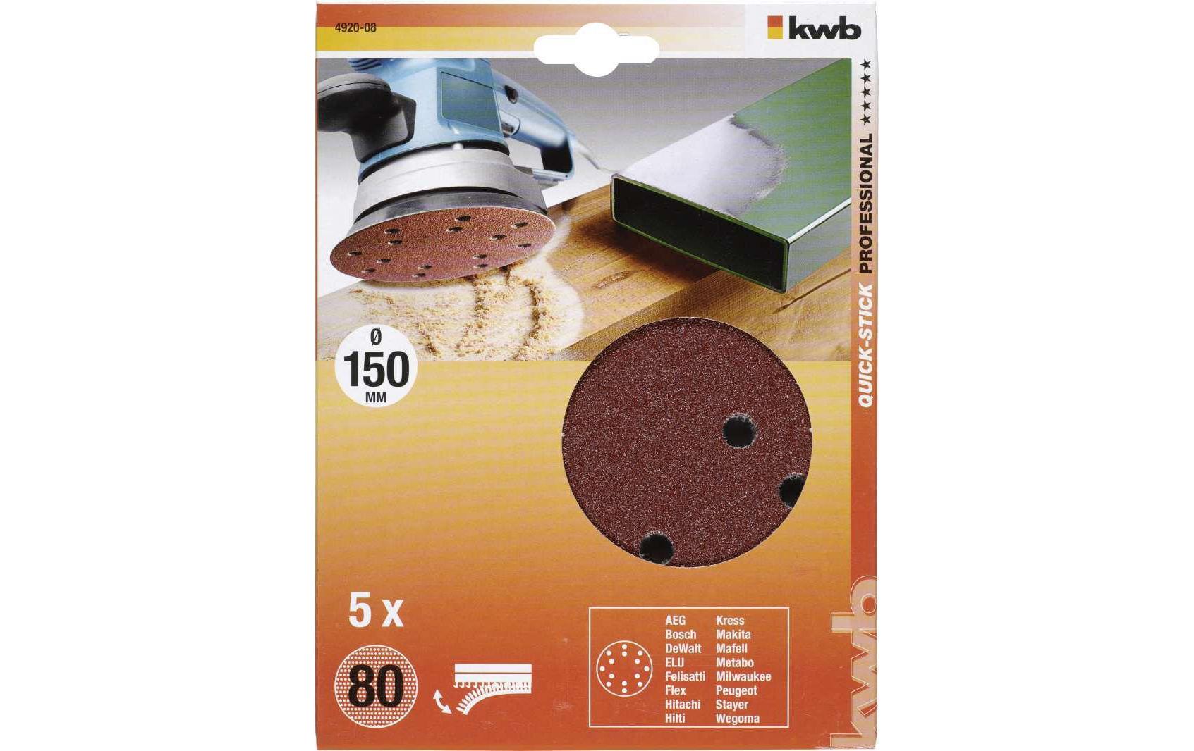 kwb Schleifscheibe 150 mm P80 Exzentschleifer – für Metall & Holz – 5 Stk – gelocht, 14 Löcher