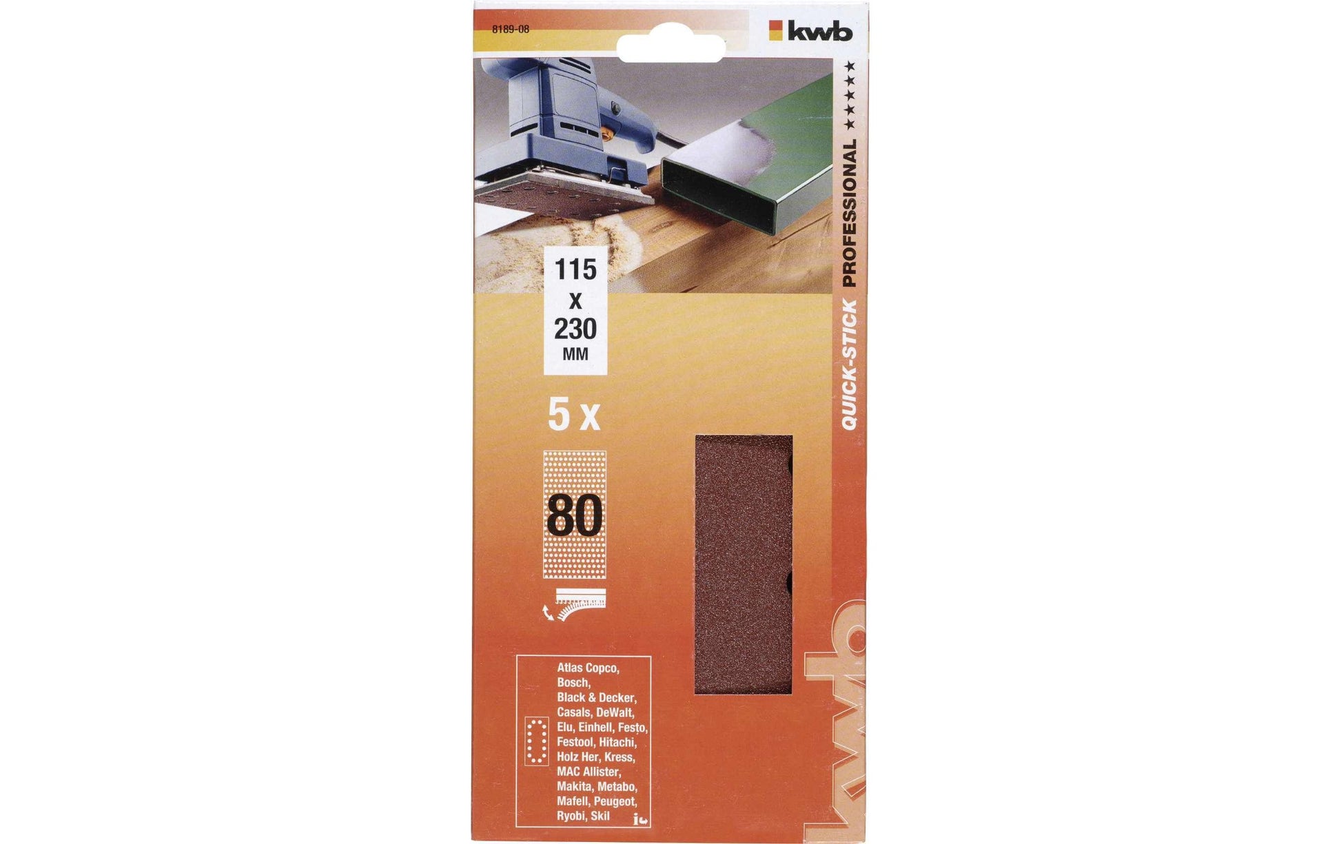 kwb Schleifstreifen 115 × 230 mm – P80 – für Metall & Holz – 5 Stk