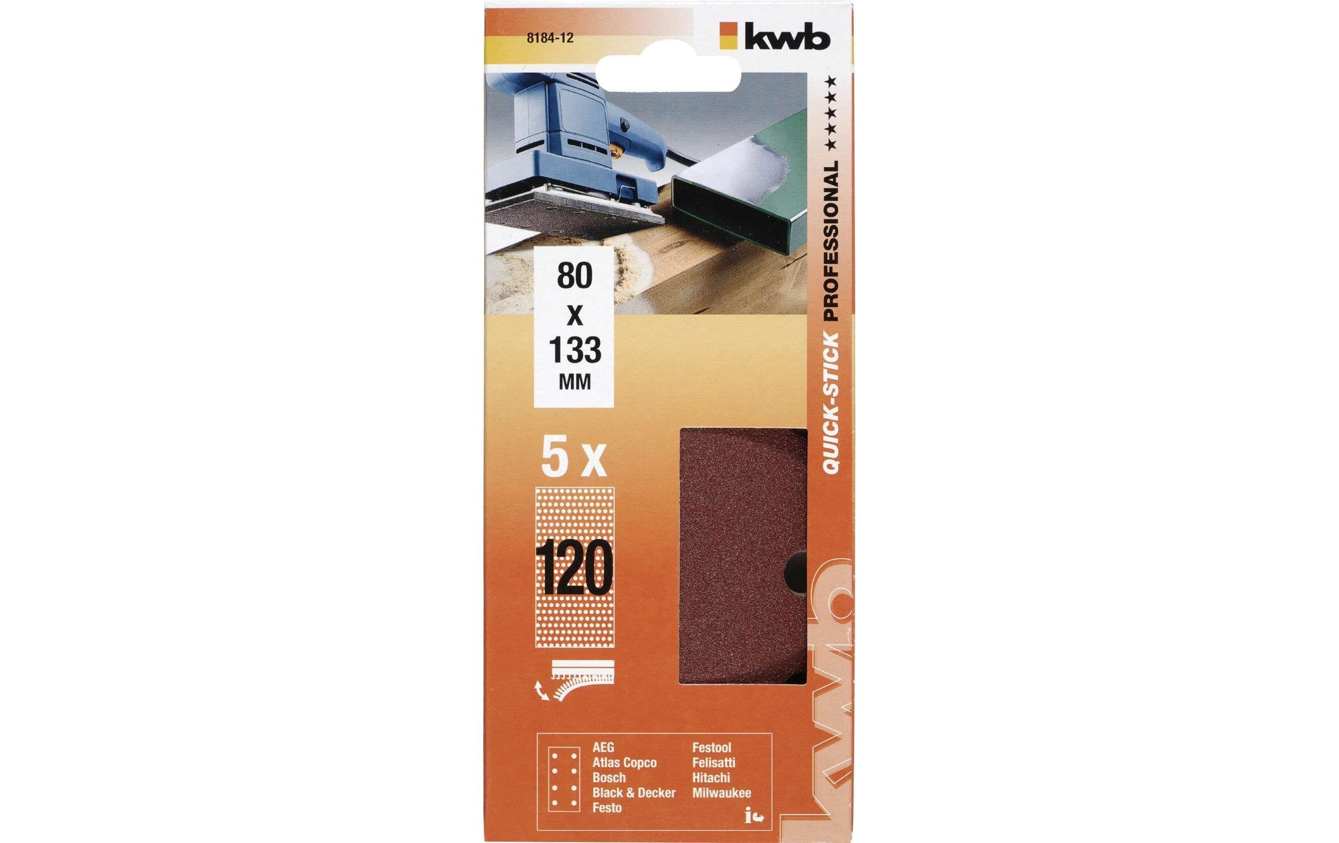 kwb Schleifpapier 80 × 133 mm Korund, P120 – für Kunststoff – 5 Stk – gelocht, 8 Löcher