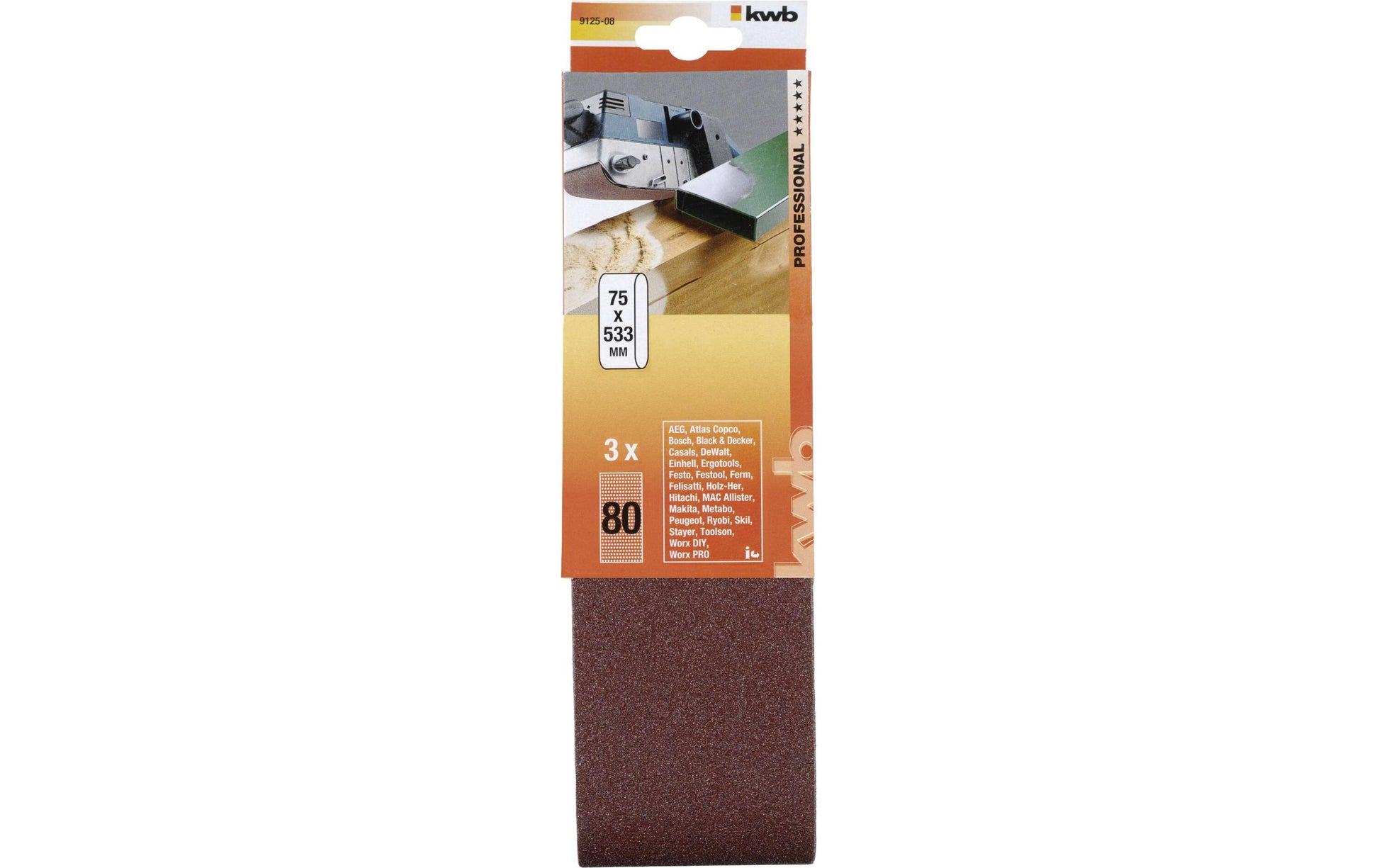kwb Schleifband 75 × 533 mm – P80 – für Metall, Holz – 3 Stk