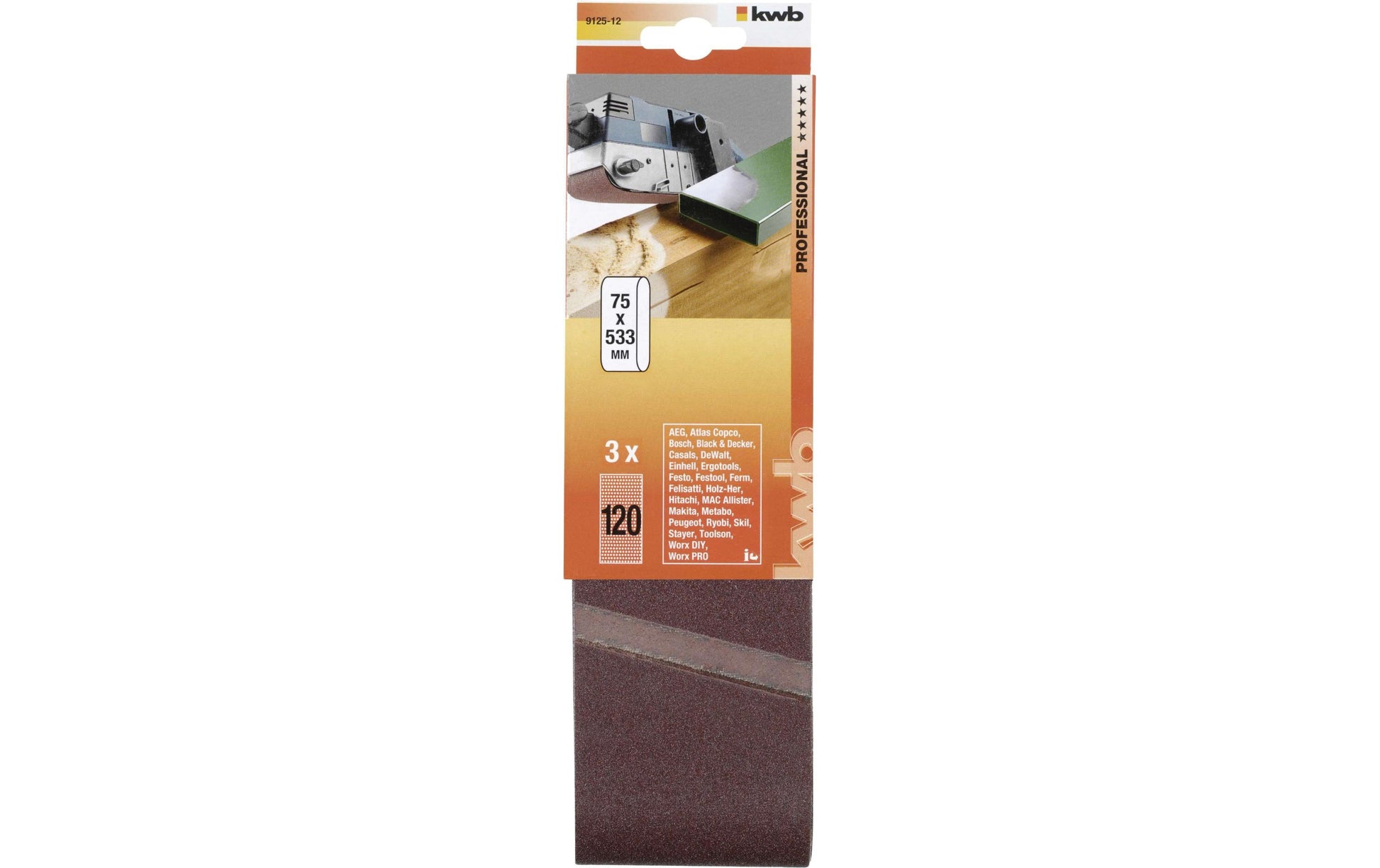 kwb Schleifband 75 × 533 mm P120 – für Holz – 3 Stk