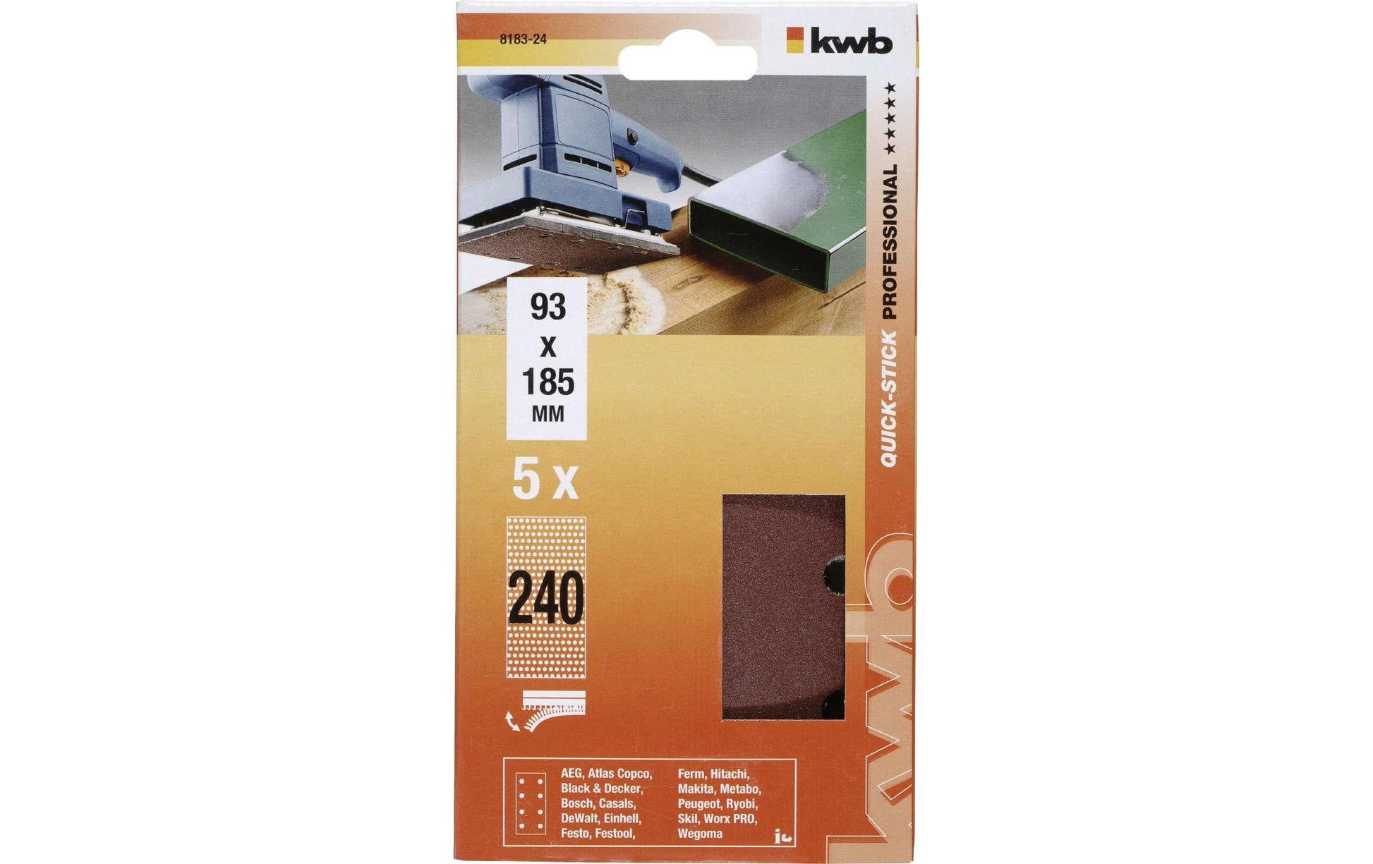 kwb Schleifpapier 185 × 93 mm Korund P240 – für Metall, Holz – 5 Stk – gelocht