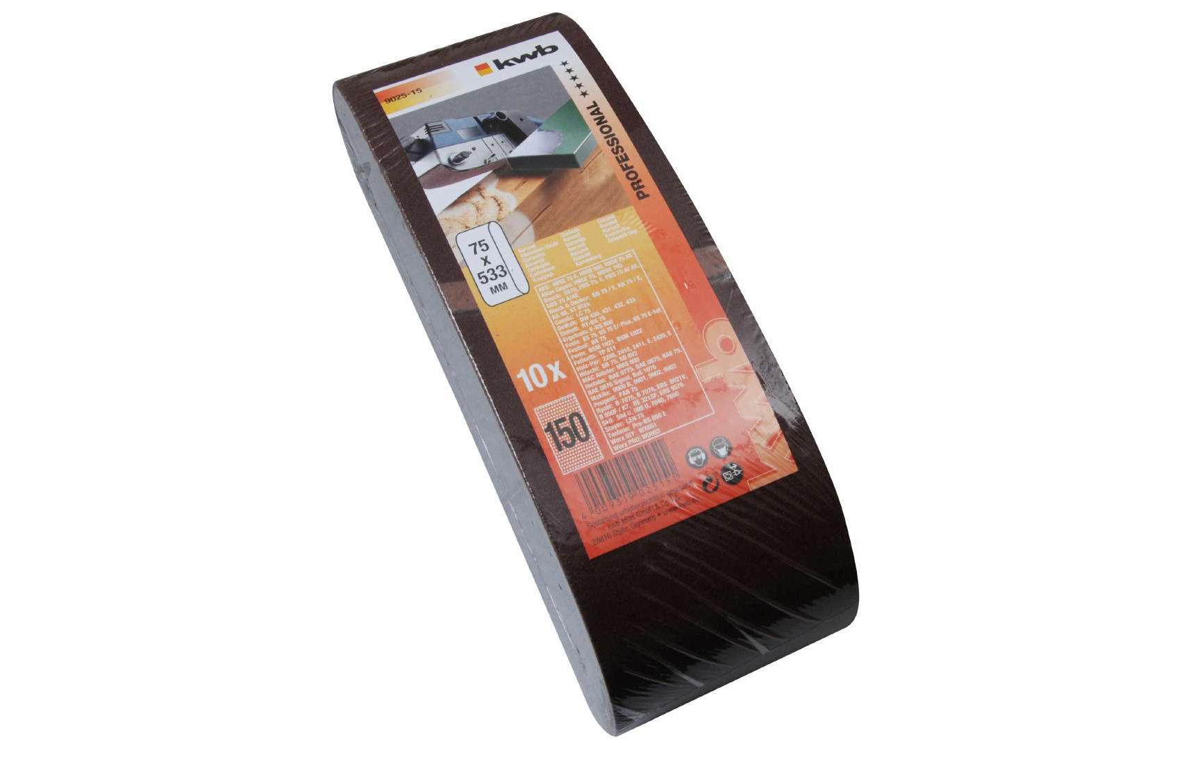kwb Schleifband 75 × 533 mm P150 – für Metall & Holz – 10 Stk