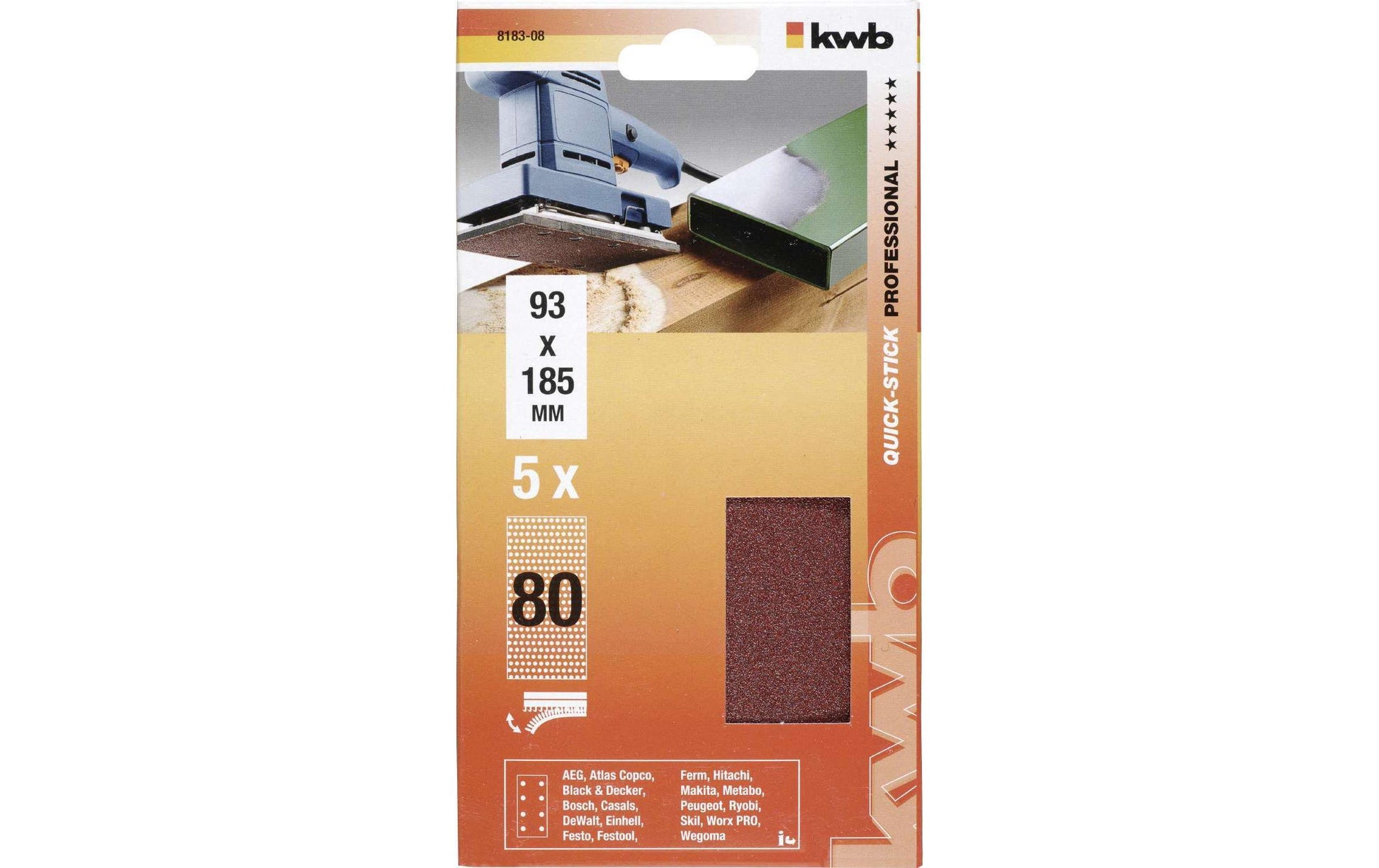 kwb Schleifpapier 93 × 185 mm P80 – für Metall, Holz – 5 Stk