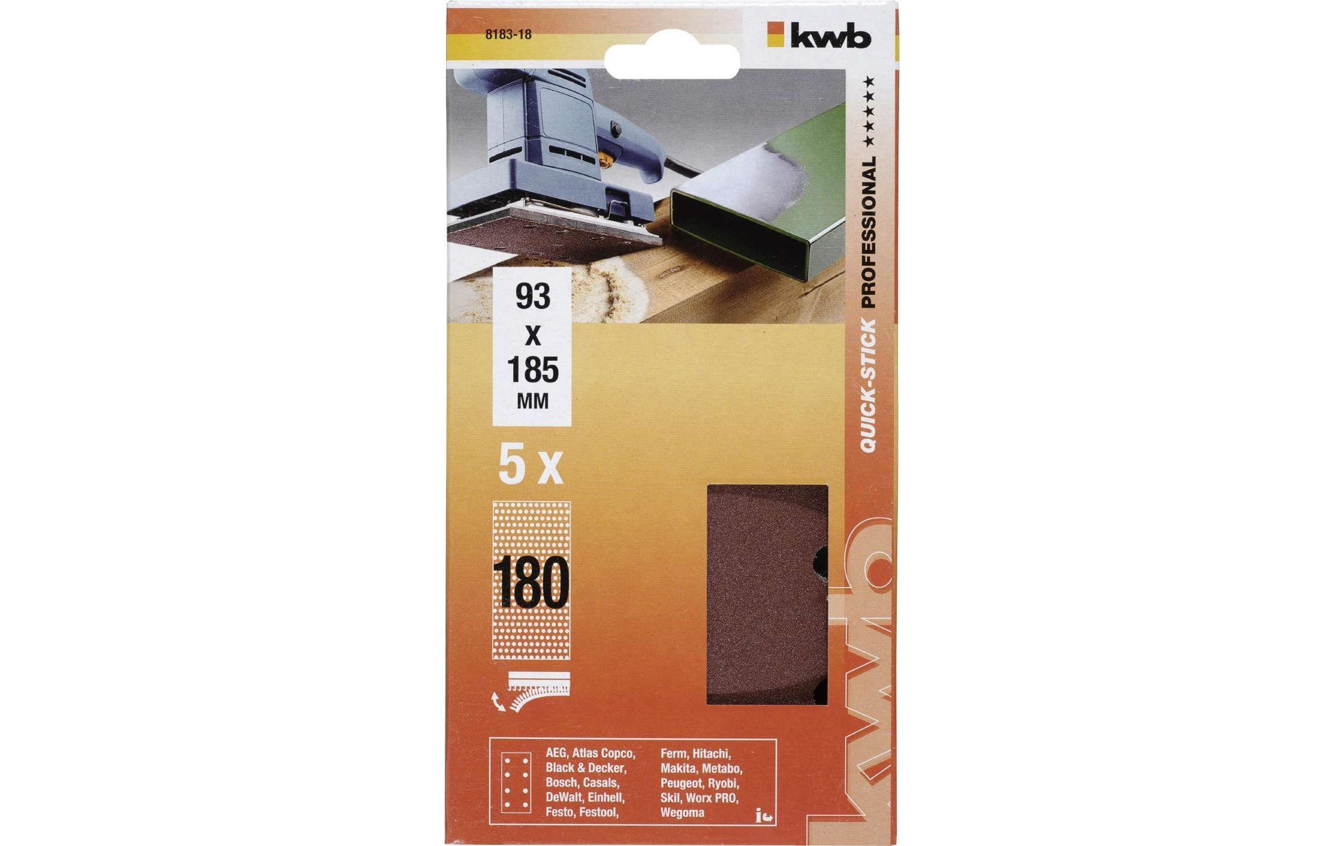kwb Schleifpapier 93 × 185 mm P180 – für Metall & Holz – 5 Stk