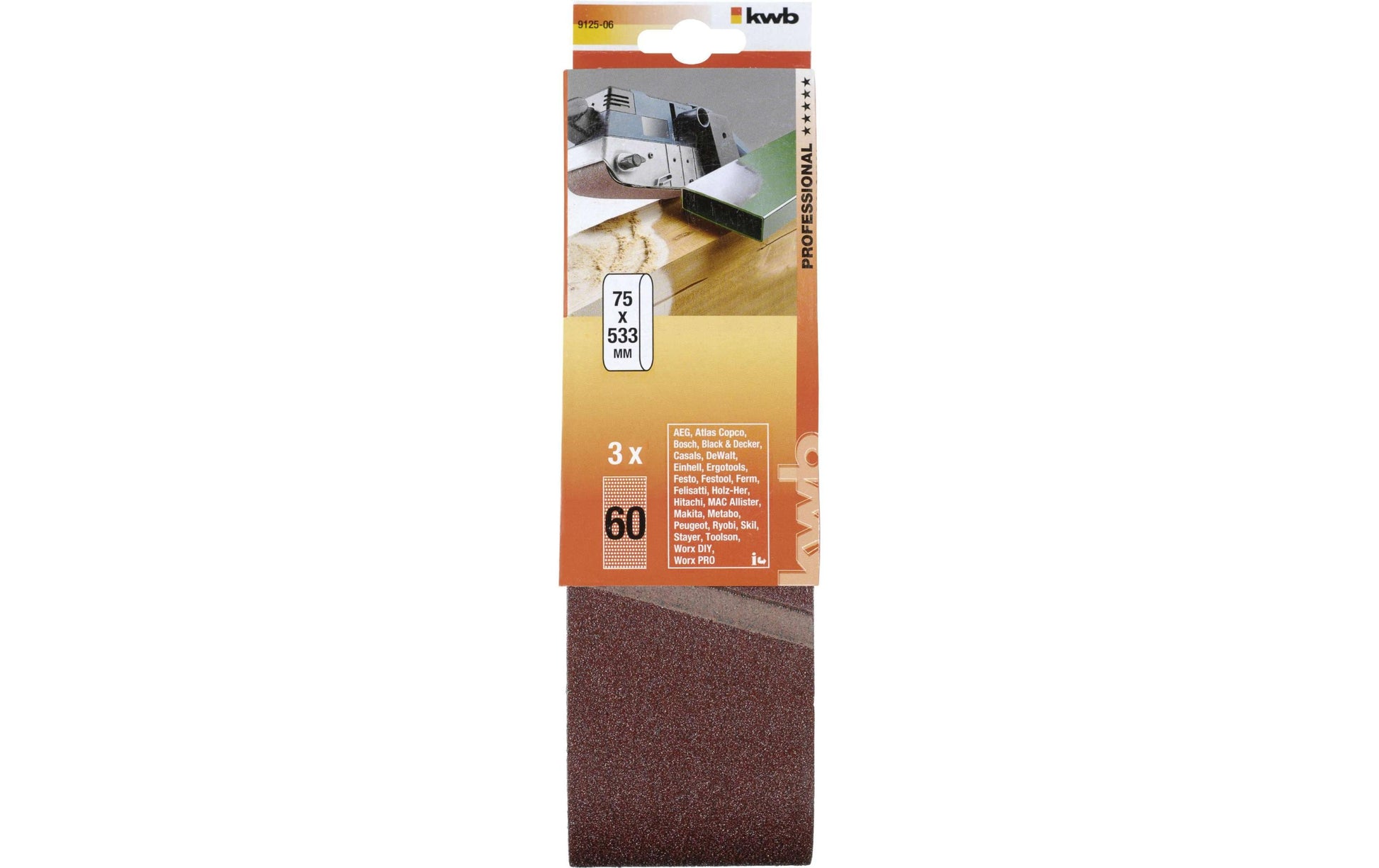 kwb Schleifband 75 × 533 mm Aluminiumoxid P60 – 3 Stk – für Metall & Holz